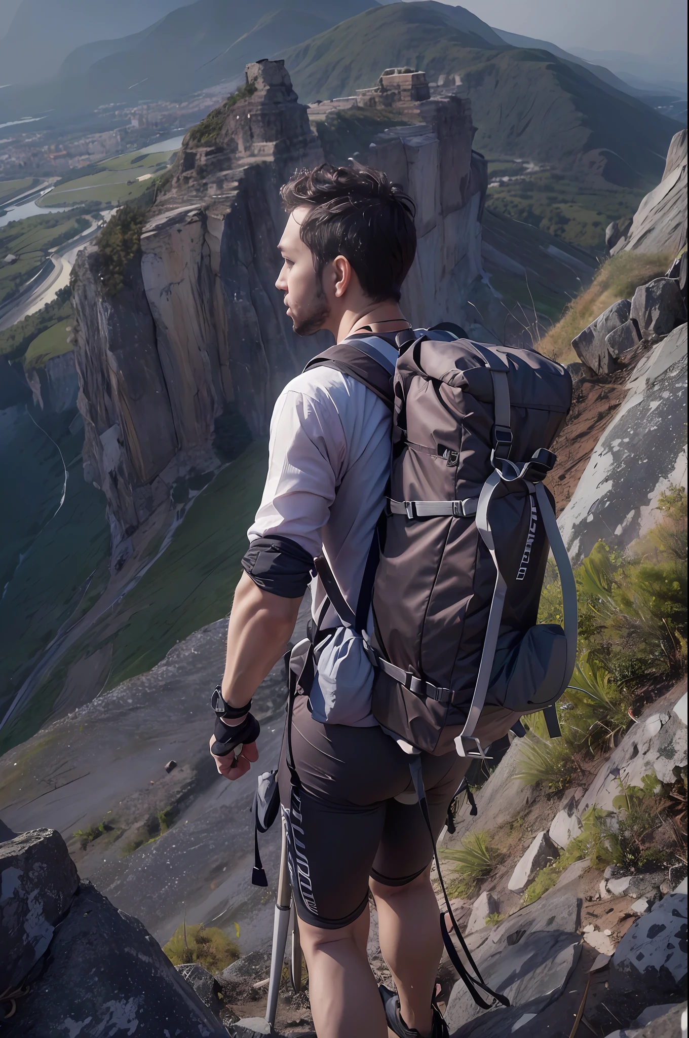 a man hiking mountain, full gear,tools,Backpack,tant (8k, 4k, best quality, highres, ultra high res:1.1), (masterpiece, realistic, photo-realistic:1.1), 1man,  face, close-up, twintails, short hair, black eyes,  (looking a great)
bare shoulders,
high contrast,