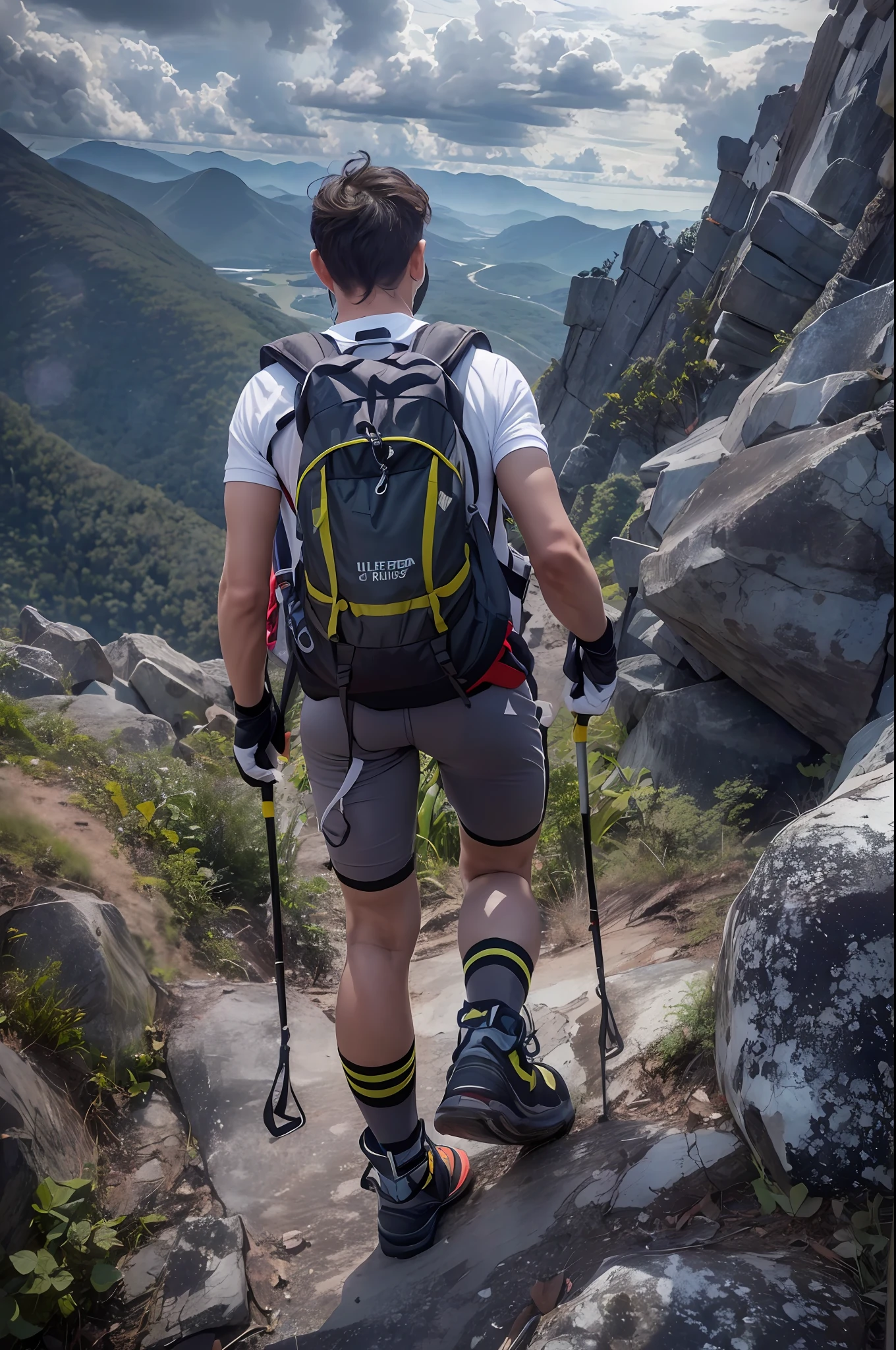 a man hiking mountain, full gear,tools,Backpack,tant (8k, 4k, best quality, highres, ultra high res:1.1), (masterpiece, realistic, photo-realistic:1.1), 1man,  face, close-up, twintails, short hair, black eyes,  (looking a great)
bare shoulders,
high contrast,