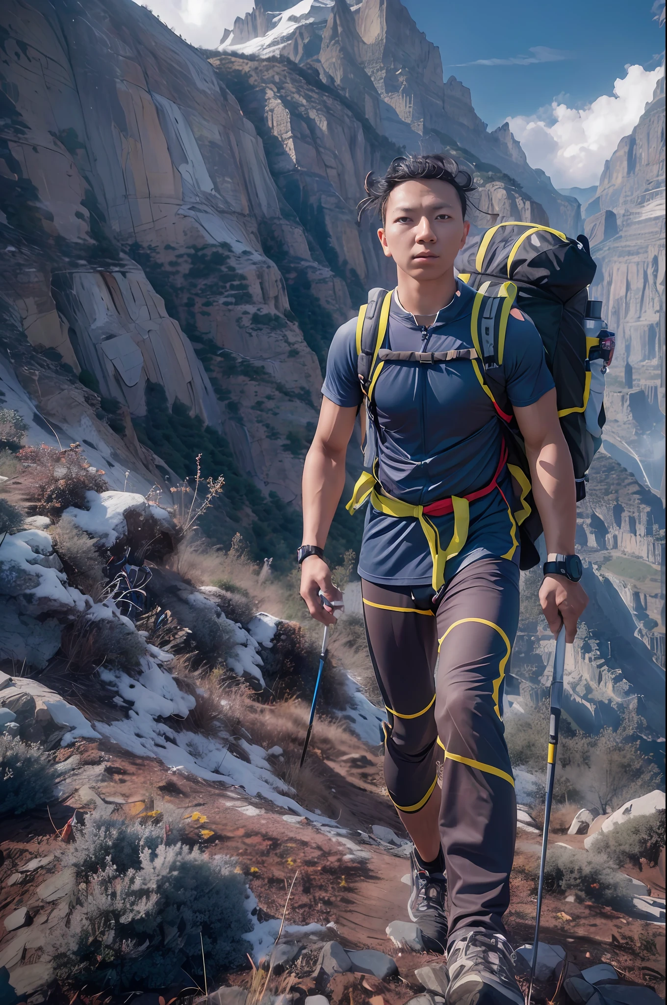 a man hiking mountain, full gear,tools,Backpack,tant (8k, 4k, best quality, highres, ultra high res:1.1), (masterpiece, realistic, photo-realistic:1.1), 1man,  face, close-up, twintails, short hair, black eyes,  (looking a great)
bare shoulders,
high contrast,