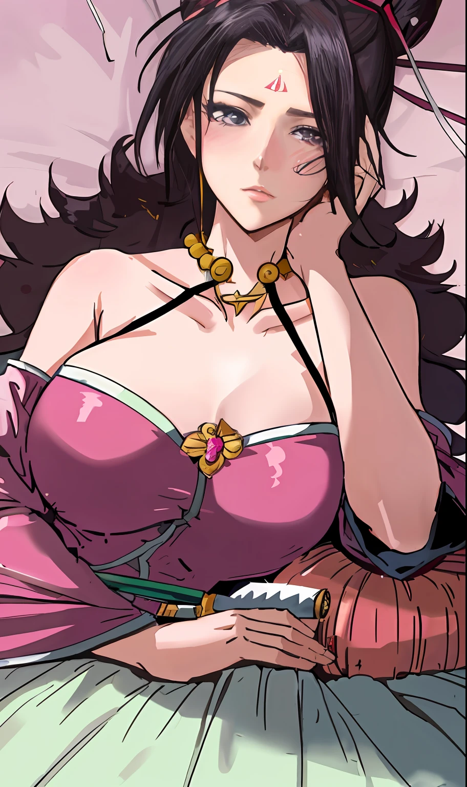 Anime girl in pink dress lying on bed with knife, nico robin, Marin Kitagawa fanart, nezuko, seductive anime girls, beautiful and seductive anime woman, nezuko-chan, black-haired mage, maya fey from ace attorney, alluring tipha lockhart portrait, illustrious makinami, senna from league of legends, cleavage