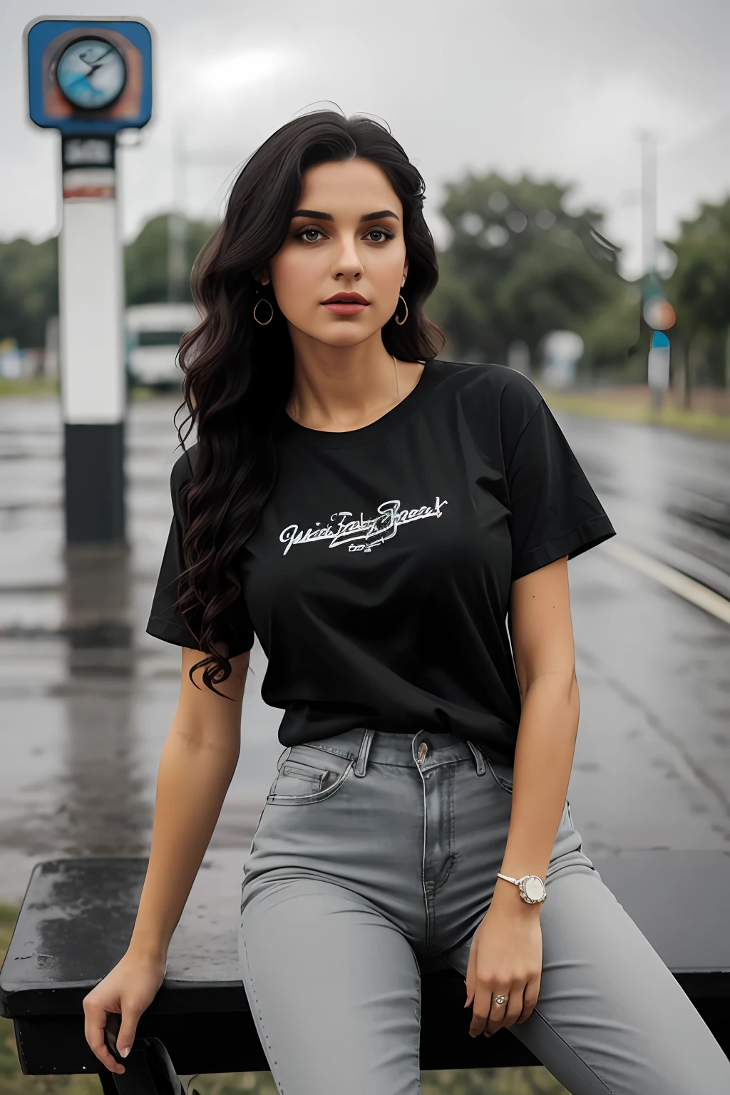 ((Best Quality, 8k, Masterpiece:1.3)), Focus: 1.2, Perfect Body Beauty: 1.4, Arabian 27 years old woman: 1.2, ((Black curly Hair)), (Gray plain round neck regular fit basic tee-shirt:1.1), no print on Teeshirt, basic full body length regular fitting tee-shirt, Dark grey skinny jeans, long jeans: 1.1, short sleeves black regular tee-shirt, Highly detailed face and skin texture, Detailed eyes, Double eyelids, toned body, Whitened skin, serious mood, large toned breasts, toned firm legs, high heel's, whitened skin, detailed black eyes, black wavy hairstyle, detailed face, middle eastern woman, baggy medium size basic tee-shirt, simple plain Baggy Tee-shirt, toned firm hips, 8K UHD, black anklet, model looks, apocalypse city, rainy weather, dark clouds, silver wrist watch, bracelet, bangle's, open legs style Posing, old gas station, sitting on a old wooden chair, high heels, detailed beautiful feets, detailed feets fingers and shape, rainy weather, old petrol pump, rainy atmosphere, wet roads, model shoot style, Standing front of Black Ducati V4 Bike, raining, cloud lightening, evening