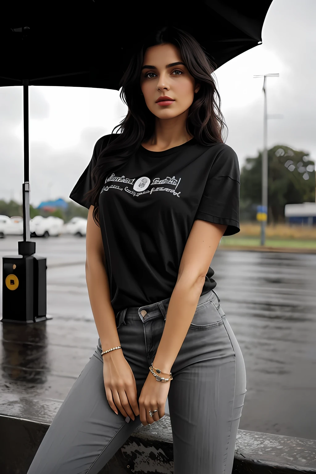 ((Best Quality, 8k, Masterpiece:1.3)), Focus: 1.2, Perfect Body Beauty: 1.4, Arabian 27 years old woman: 1.2, ((Black curly Hair)), (Gray plain round neck regular fit basic tee-shirt:1.1), no print on Teeshirt, basic full body length regular fitting tee-shirt, Dark grey skinny jeans, long jeans: 1.1, short sleeves black regular tee-shirt, Highly detailed face and skin texture, Detailed eyes, Double eyelids, toned body, Whitened skin, serious mood, large toned breasts, toned firm legs, high heel's, whitened skin, detailed black eyes, black wavy hairstyle, detailed face, middle eastern woman, baggy medium size basic tee-shirt, simple plain Baggy Tee-shirt, toned firm hips, 8K UHD, black anklet, model looks, apocalypse city, rainy weather, dark clouds, silver wrist watch, bracelet, bangle's, open legs style Posing, old gas station, sitting on a old wooden chair, high heels, detailed beautiful feets, detailed feets fingers and shape, rainy weather, old petrol pump, rainy atmosphere, wet roads, model shoot style, Standing front of Black Ducati V4 Bike, raining, cloud lightening, evening