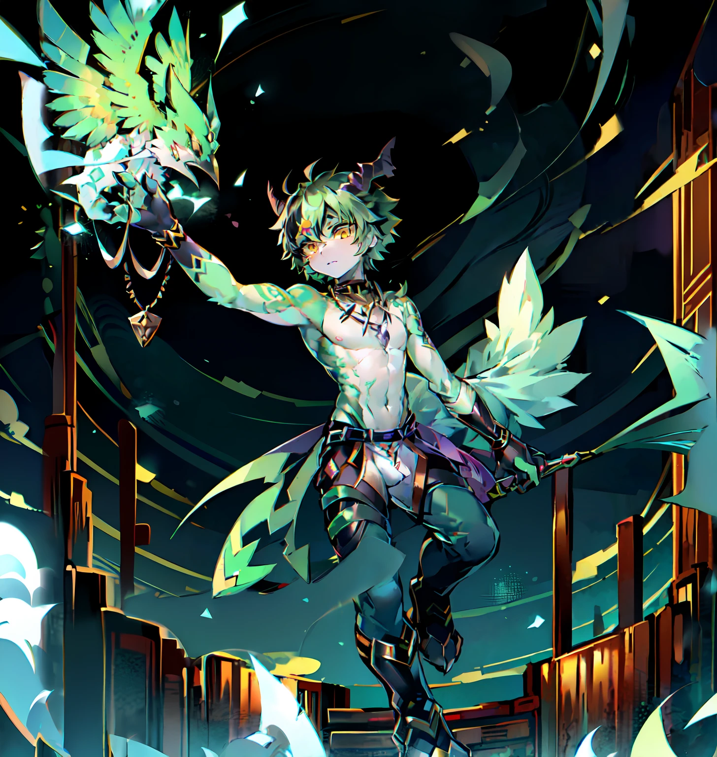 yellow eyes, green hair, short hair, tattoo, forehead tattoo, necklace, 1boy, solo focus, male focus, black within green hair, xiao \(genshin impact\) as a Digimon, digimon \(creature\),((Green and White skin)) ,((Bird like)) ,(( Demon like)),((green, white, Black and Purple color scheme)), ((high quality )) ,((Masterpiece)), ((Harpy))