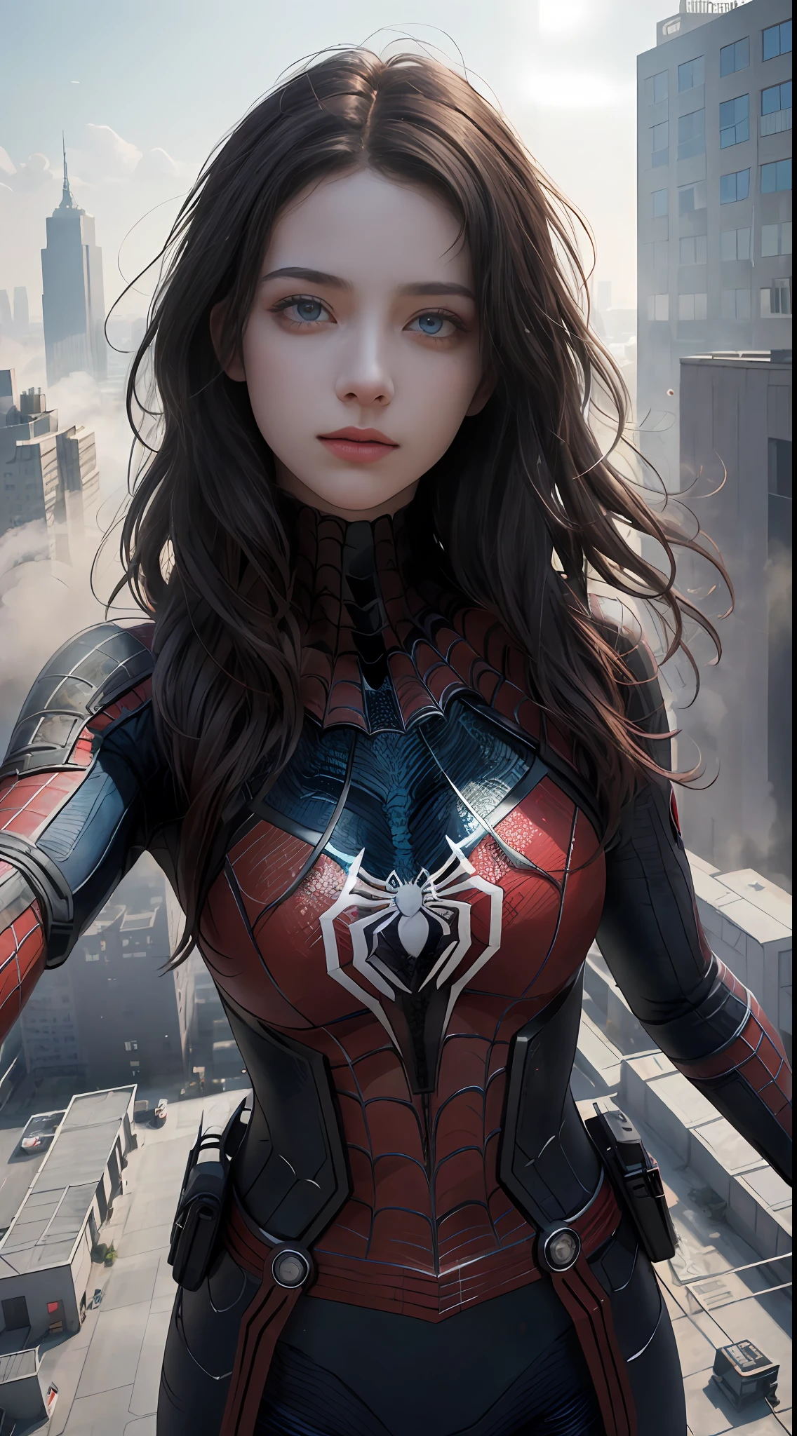 (1girl:1.3), Solo, (((Very detailed face)))), ((Very detailed eyes and face)))), Beautiful detail eyes, Body parts__, Official art, Unified 8k wallpaper, Super detailed, beautiful and beautiful, beautiful, masterpiece, best quality, original, masterpiece, super fine photo, best quality, super high resolution, realistic realism, sunlight, full body portrait, amazing beauty, dynamic pose, delicate face, vibrant eyes, (from the front), She wears Spider-Man suit, red and black color scheme, spider, very detailed city roof background, rooftop, overlooking the city, detailed face, detailed complex busy background, messy, gorgeous, milky white, highly detailed skin, realistic skin details, visible pores, clear focus, volumetric fog, 8k uhd, DSLR, high quality, film grain, fair skin, photo realism, lomography, futuristic dystopian megalopolis, translucent