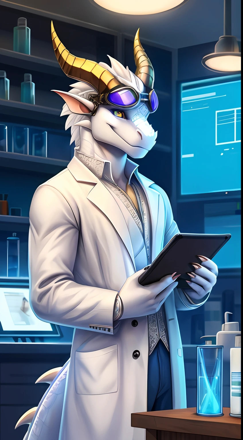 drak,Dragon tail,faucet,Dragon claws,Height 196,Dragon's horn,The body is mainly white,filigree,Wearing a white coat,finely detailed paws,ssmile,Wearing a white coat,Hold the tablet,In the lab,ambient lights,Wear goggles,Vertical pupils