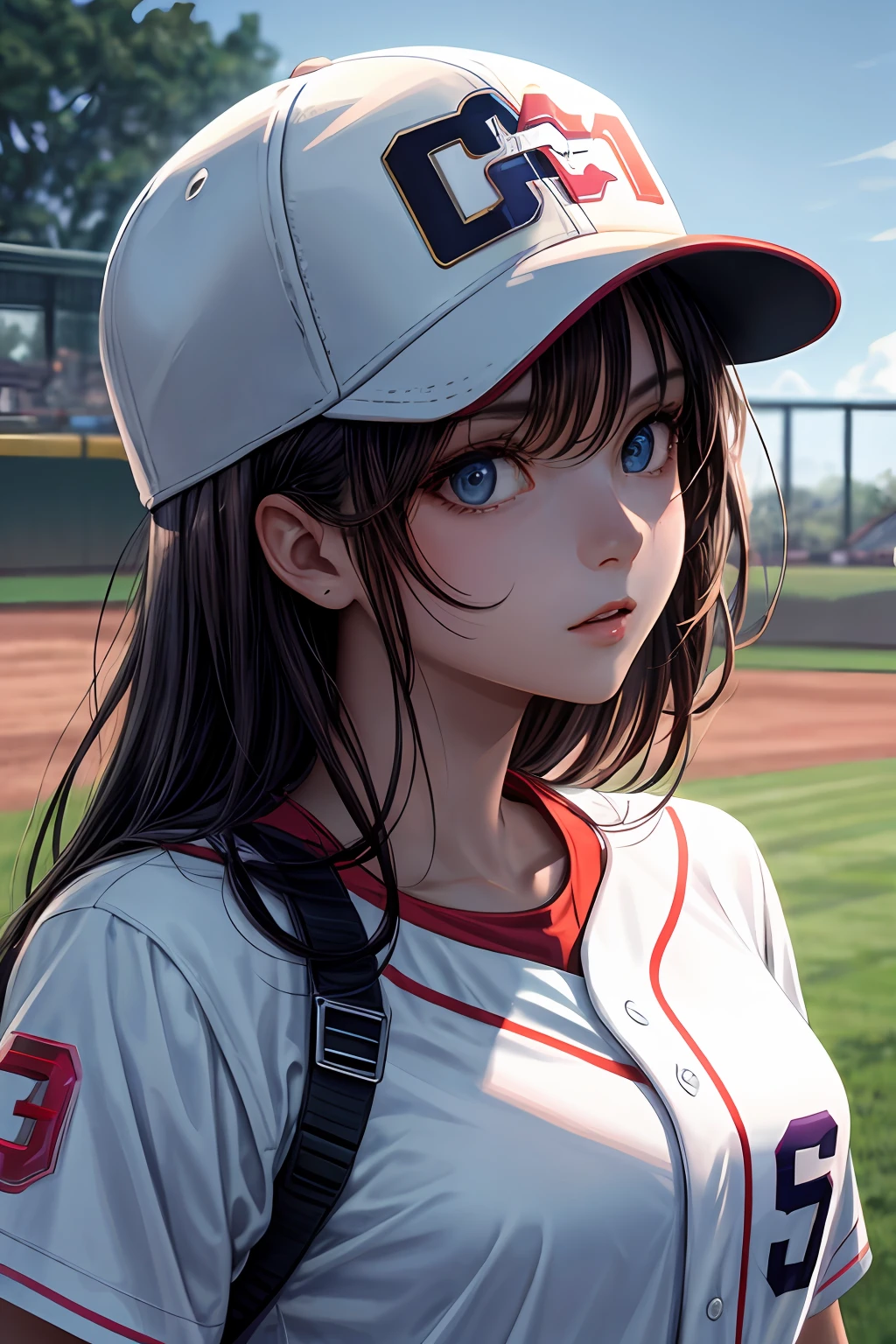 masterpiece, best quality, illustration, best quality, detailed shaded pretty face, best anatomy, beautiful face, Her eyes are shining, baseball, medium breasts, baseball cap, upper body