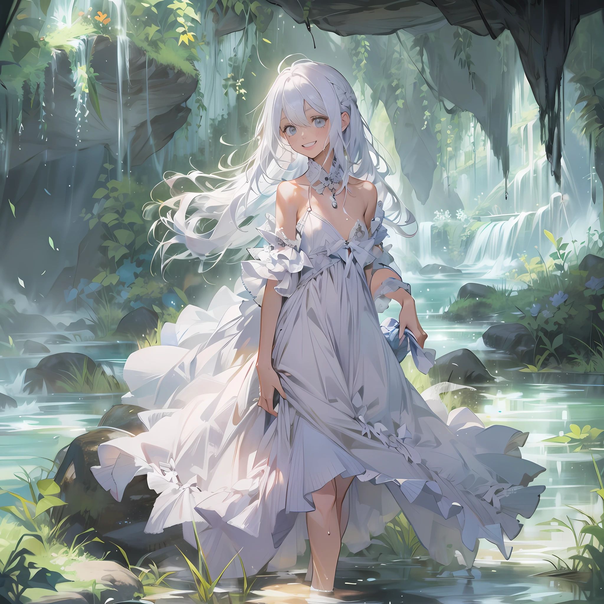 tmasterpiece, beste-Qualit, white colored hair, Very thin clothes, wet clothing, (In the cave), underground, The Big Cave, rivers, Glowing River, endearing smile, white little dress