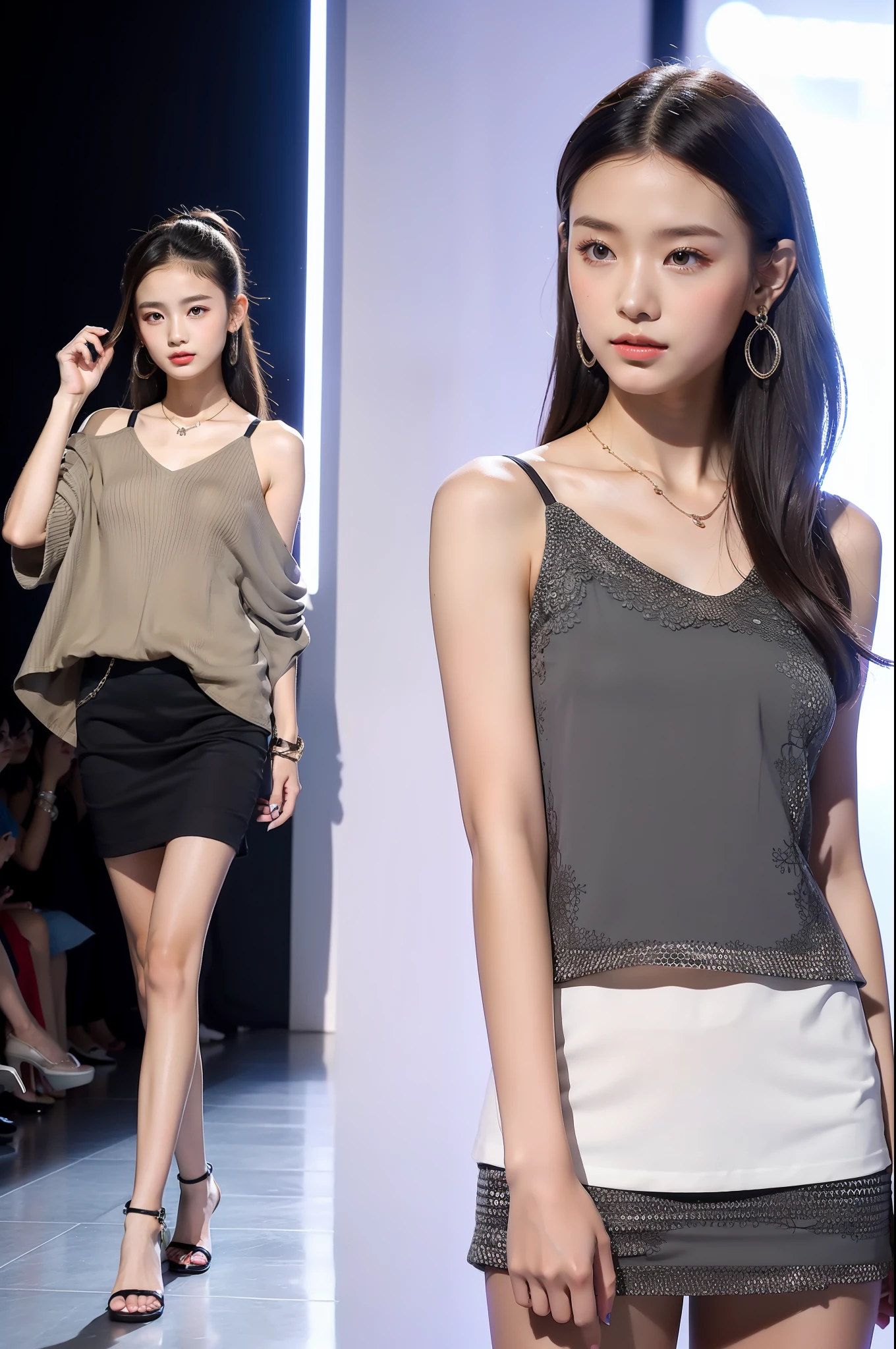 best qualtiy，jewelry，Full body like，Summer clothes，Fashion show，Refined face，pretty  face，A 10-year-old Asian woman，slimfigure，Smaller bust