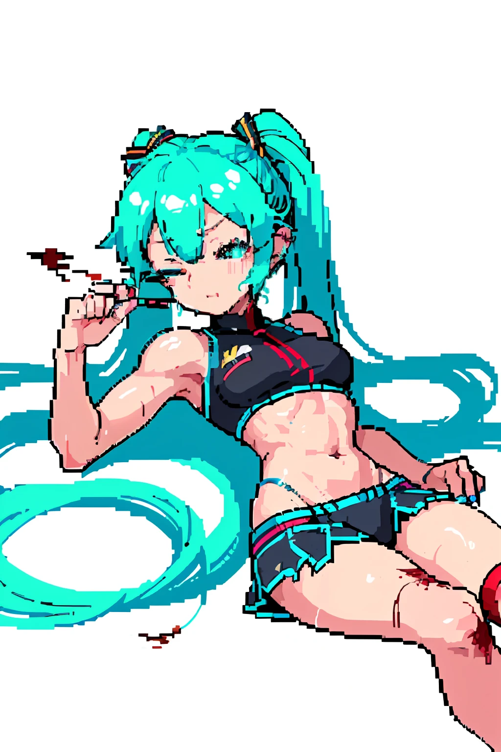 (Masterpiece, Top Quality, Best Quality), pixel, Pixel Art, 1girl, Hatsune Miku, (eyes closed, eyelids closed:1.9), full body, Abs, Six Pack, stomach, belly button, (abdomen torn:1. 6), ((female muscles)), tight-fitting clothes, muscular legs, muscular arms, (Lying on the ground, dead:1.4), ((((sweat)))), (blood:1.4),