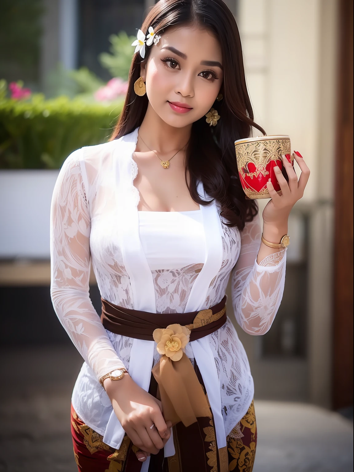 8k portrait of beautiful cyborg with brown hair, ((drinking coffee)), ((tattoos)), photography, portrait of gadis_jelita wearing kebaya_bali in white_kebaya_bali, red lipstick, detail, flowers, blurry background, soft focus, (masterpiece, sidelighting, finely detailed beautiful eyes: 1.2), hdr
