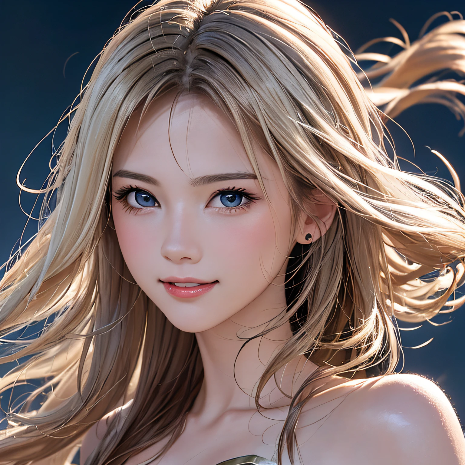 (8K, RAW Photos, of the highest quality, Masterpieces: 1.2), (Realistic, Photorealistic: 1.37), Highest Quality, Ultra High Resolution, light  leaks, Dynamic lighting, Slim and smooth skin, (Full body:1.3), (Soft Saturation: 1.6), (Fair skin: 1.2), (Glossy skin: 1.1), Oiled skin, 22 years old, Night, shiny white blonde, Well-formed, Hair fluttering in the wind, Close-up shot of face only, Physically Based Rendering, From multiple angles, A big smile, super girl、miniture