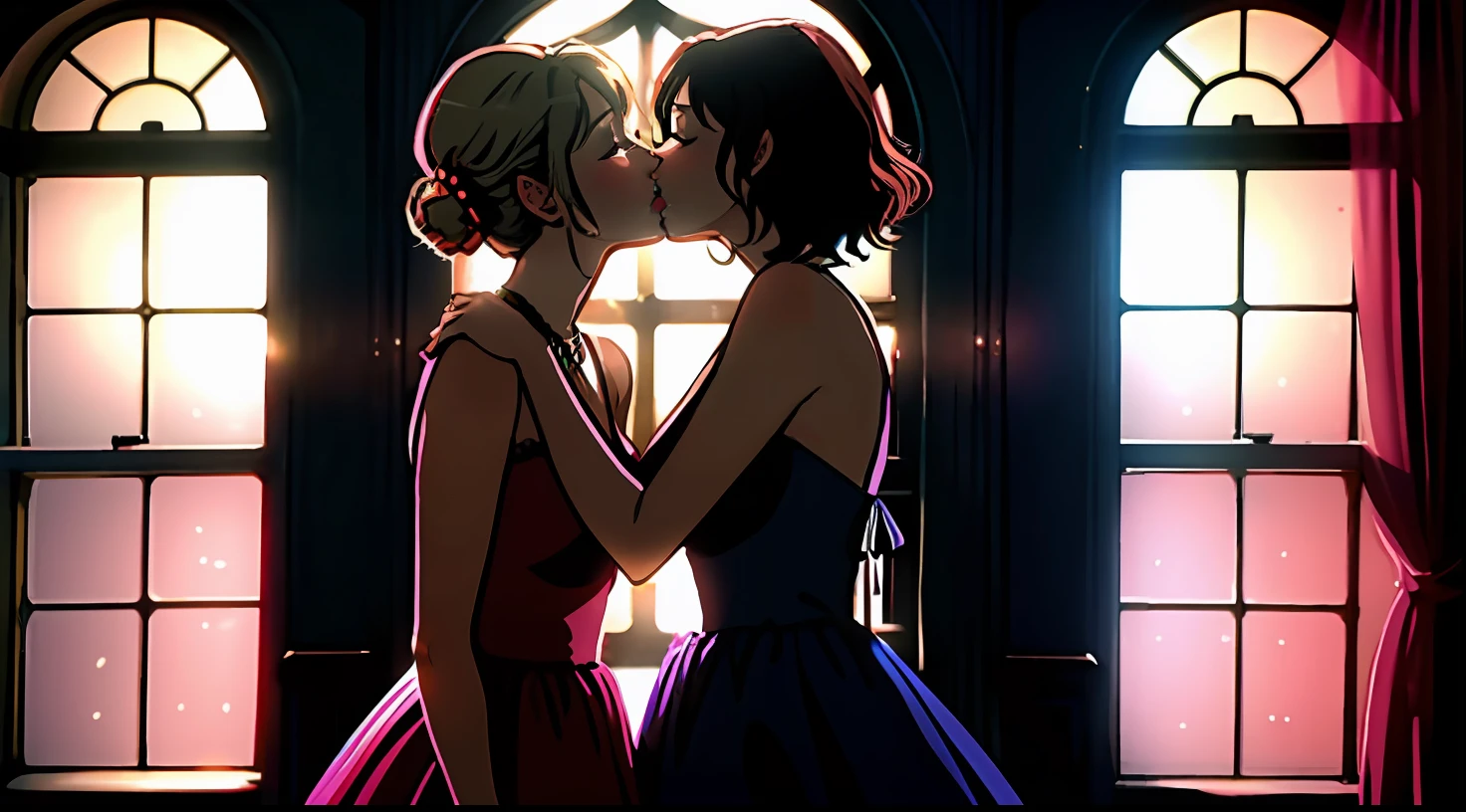 two women in dresses kissing each other in a room, lesbian kiss, kiss, kissing together cutely, kissing, kissing each other, kiss mouth to mouth, lesbians, lovely kiss, lesbian, lesbian embrace, still shot from movie, shot from movie, still from a terence malik film, sexy movie photo, youtube video screenshot