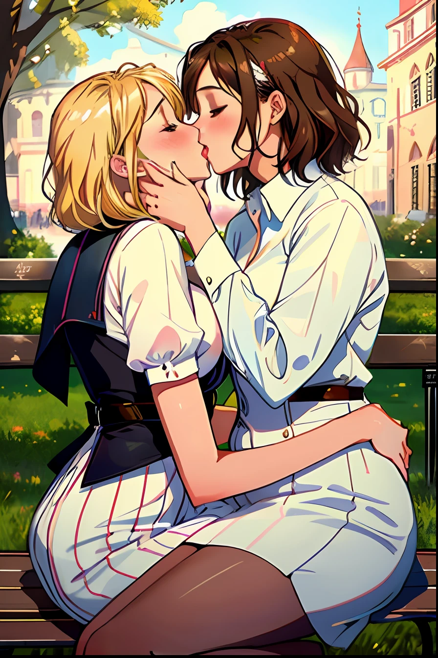two women are kissing each other while sitting on a bench, lesbian kiss, lesbian embrace, lesbians, lesbian, kissing together cutely, lesbian art, portrait of two girls kissing, kissing together, one blonde and one brunette, woman holding another woman, kiss mouth to mouth, sapphic art, lovely kiss, kissing, two beautiful women in love, kissing each other