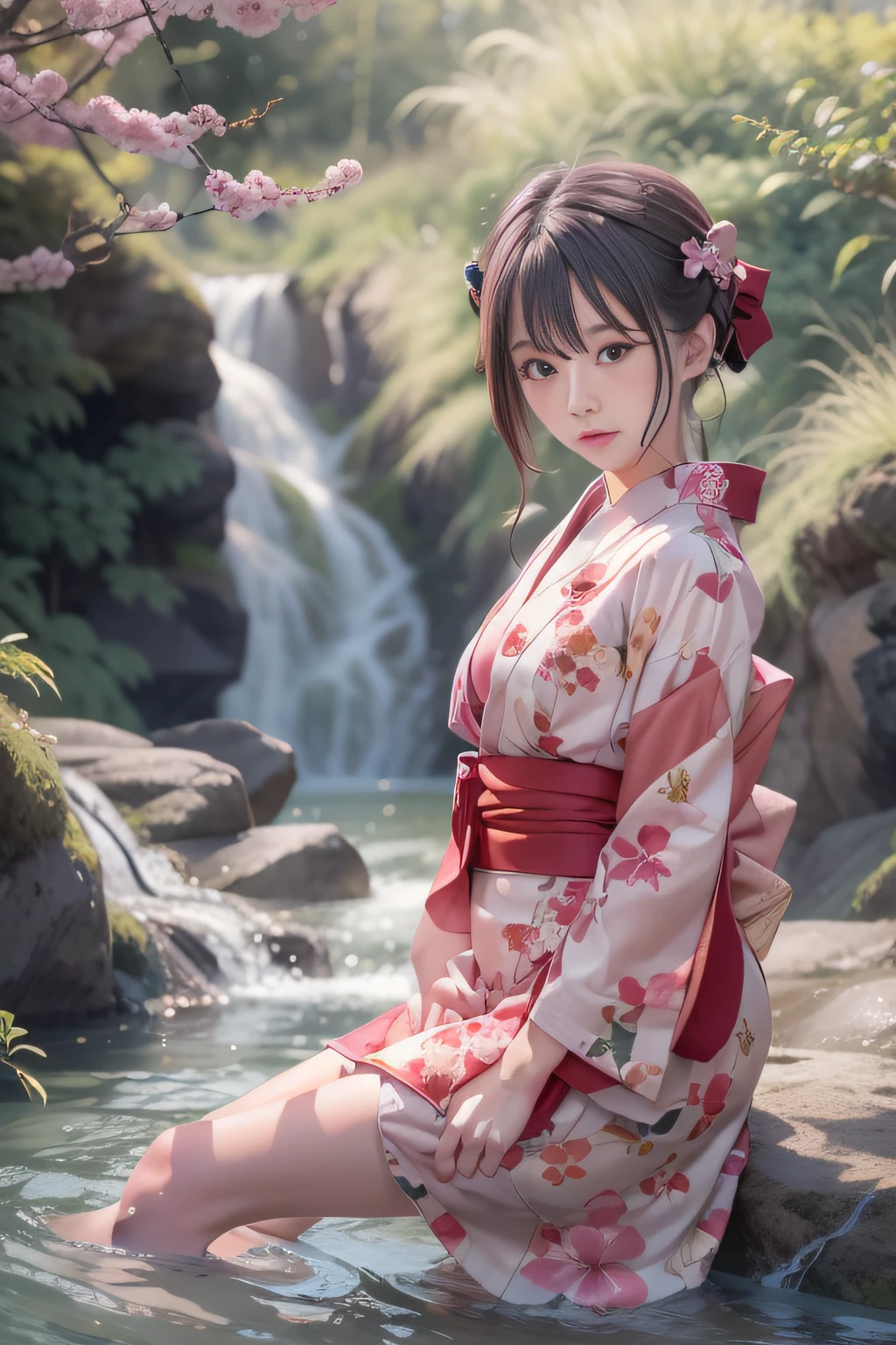 surrealism, Anatomically correct, masutepiece, Textured skin, Super Detail, high details, Best Quality, awardwinning, hight resolution, Arafin woman in yukata playing in river water at 8k waterfall, classy yukata clothing, pale and coloured kimono, bath robe, japanese kimono, informal summer kimono, red kimono with flower patterns, Wearing kimono, Kimono, Wearing a kimono, Classic kimono, flowing sakura silk、((small tits,Thin leg,skinny thigh)),slim figure,extremely detailed eye and face、beatiful detailed eyes,Realistic high school girl,Cool scenery,Cute *********** s,Beautiful skins,finely detail