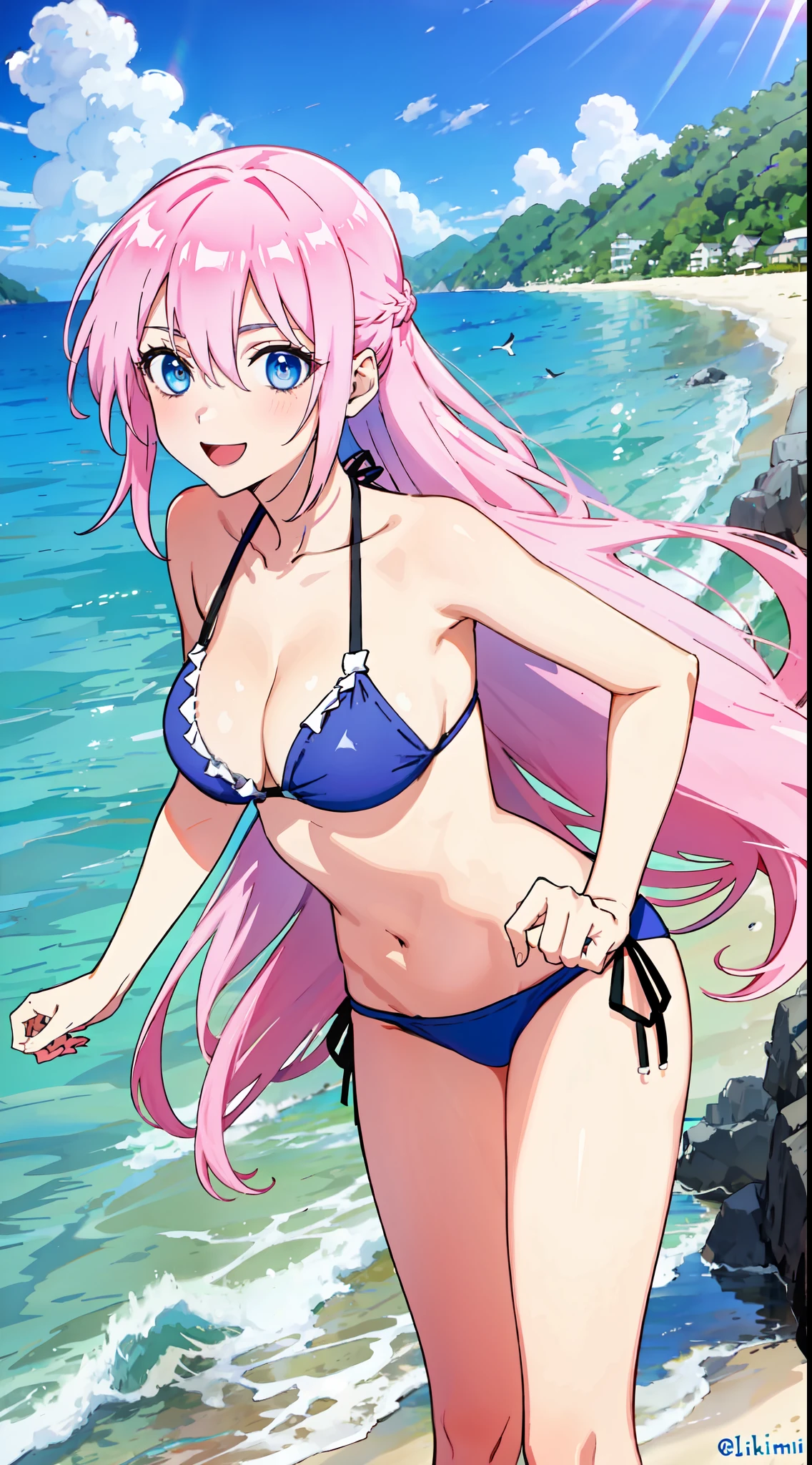 shikimori, slim legs,  beautiful eyes, blue eyes, happy, pink hair, long hair, side tie bikini, beach