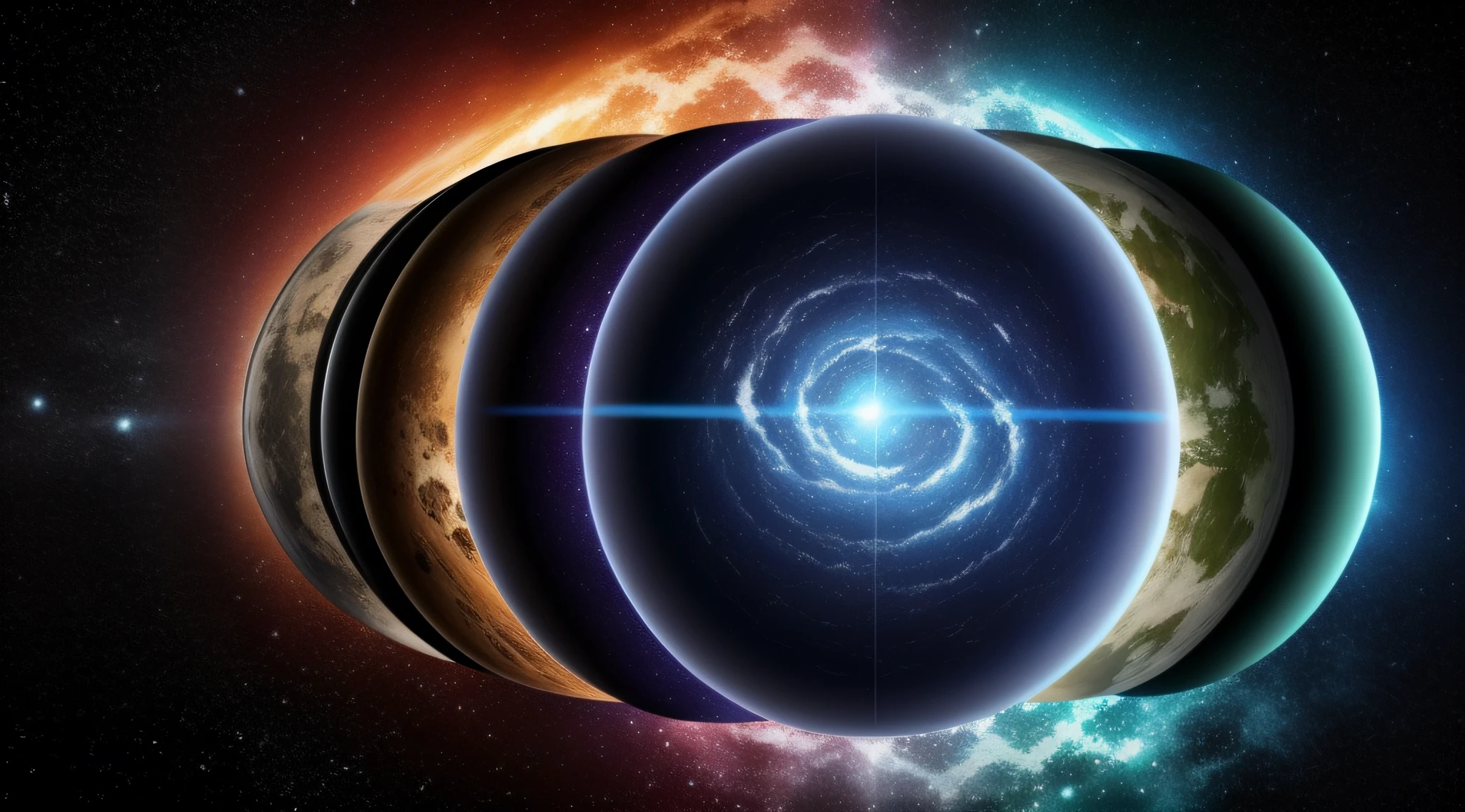 diversos planetas identicos em sequencia, em corrente, detalhado, 4k, realista, universo amplo