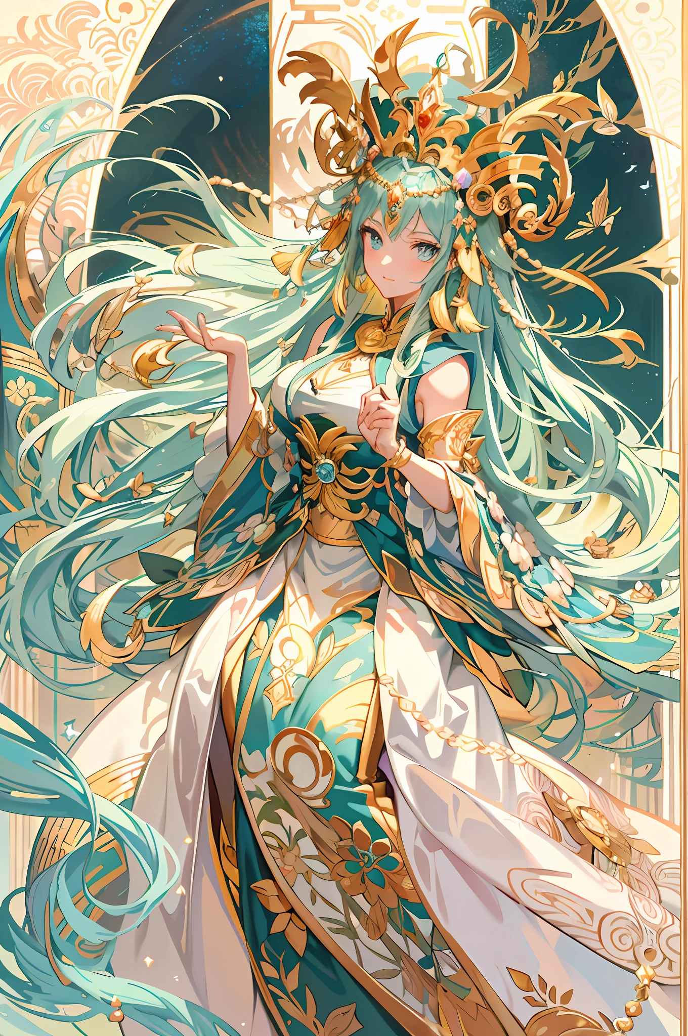 Anime - Stylistic illustration of a woman in a blue and gold dress, Anime goddess, ((a beautiful fantasy empress)), a beautiful fantasy empress, Alphonse mucha and rossdraws, trending on artstation pixiv, gilded lotus princess, Japanese goddess, Anime fantasy illustration, Beautiful young wind spirit, pixiv contest winner, Portrait Chevaliers du Zodiaque Fille, Digital art on Pixiv