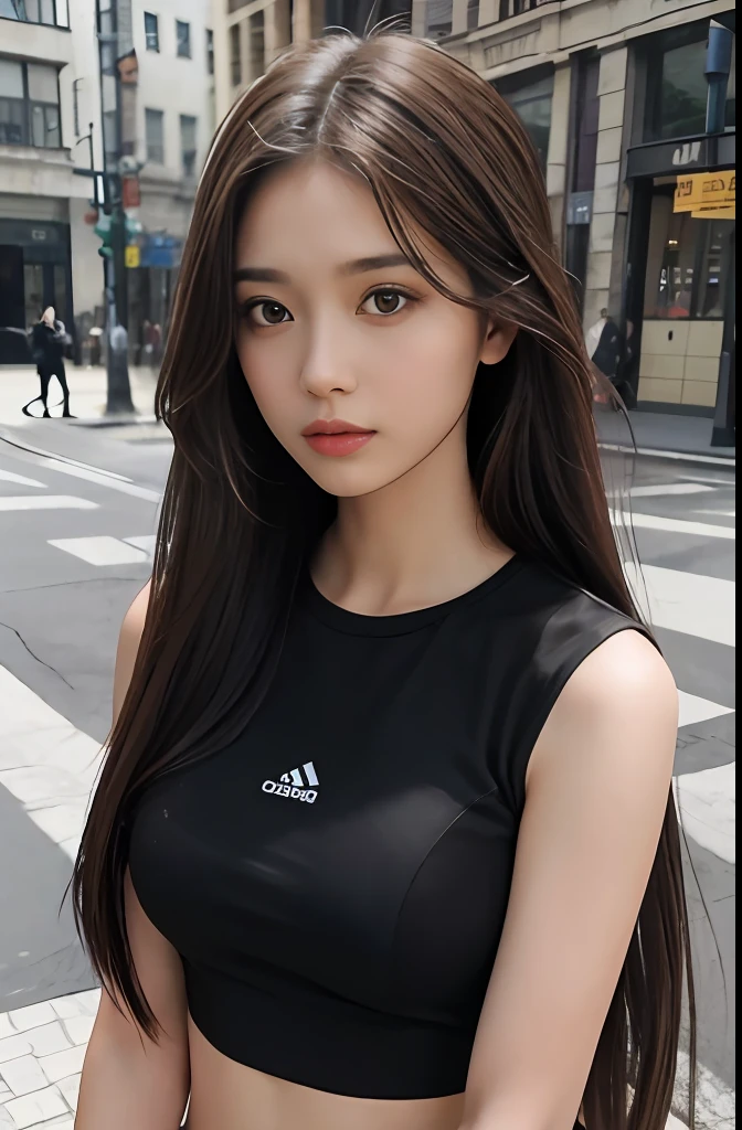 a woman, brown hair, brown eyes, fit body, Long Hair, hair parted in the middle, straight hair, gym clothes, on the street, detailed body, detailed eyes, master piece, best quality, high quality, RAW camera, realistic, real person,