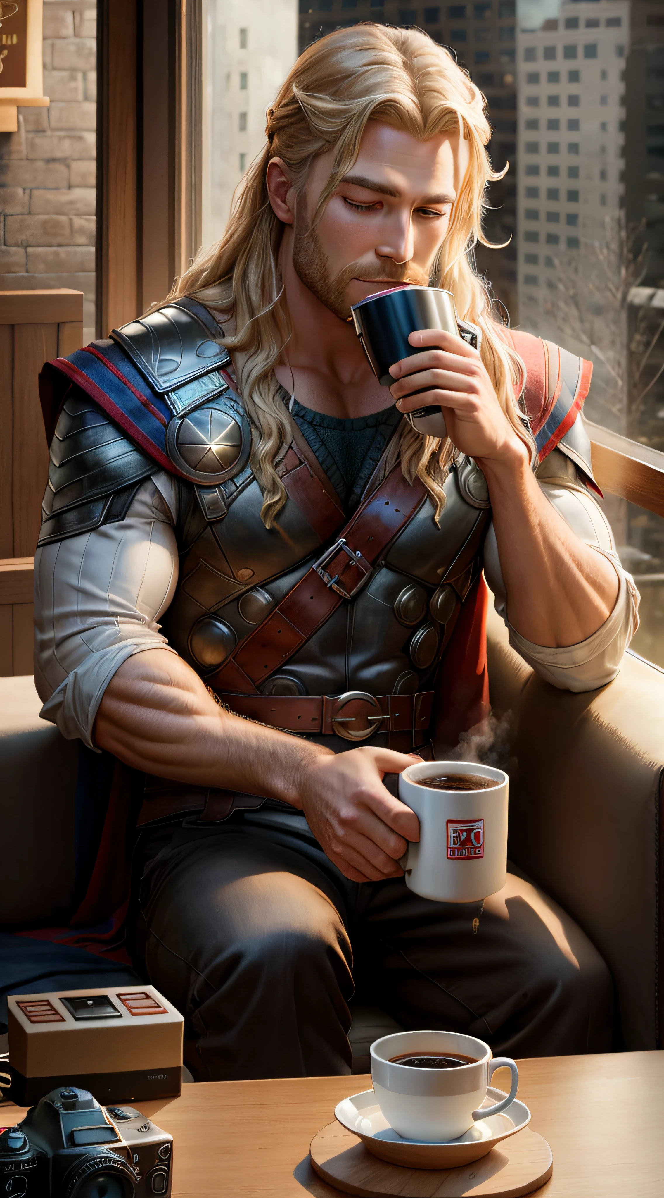 thor drinking coffee, filled with satisfaction, Canon EOS 5D Mark IV, telephoto lens