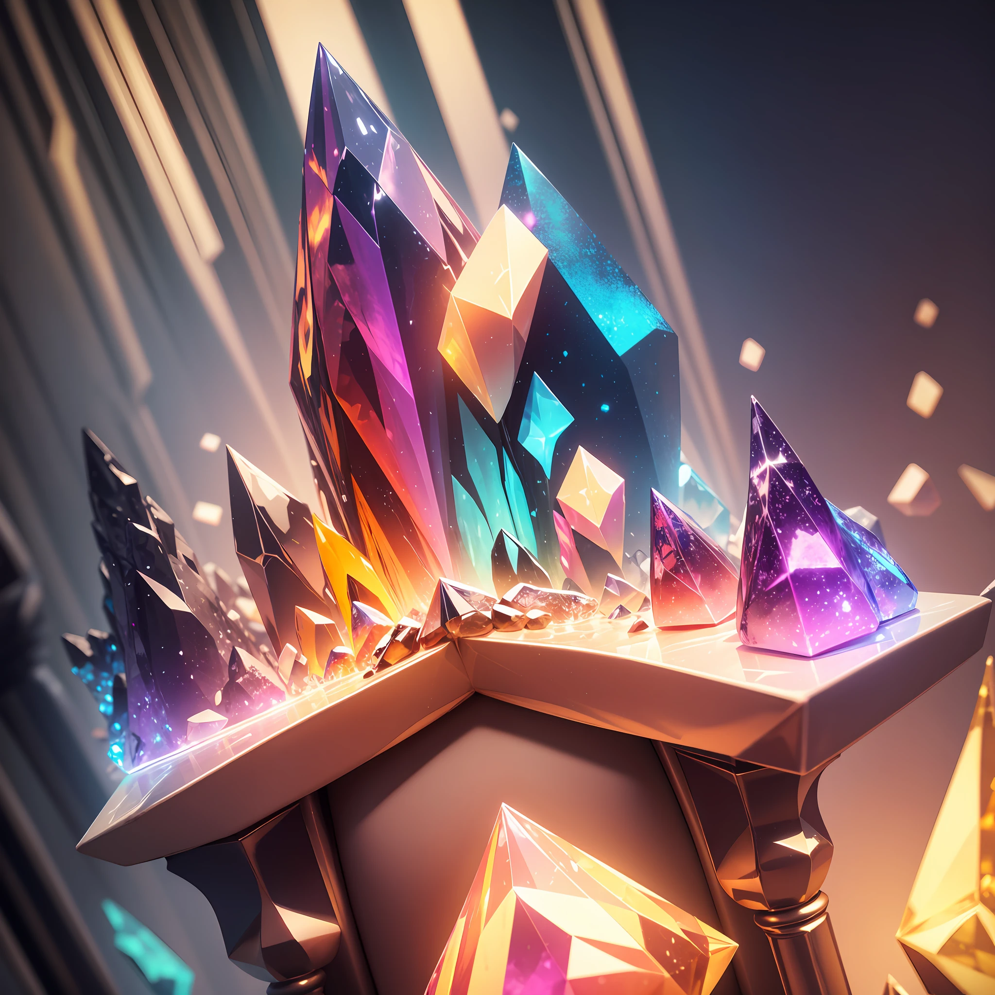 There are many crystal shards on the table， artgem and beeple masterpiece, crystals enlight the scene, full of glass. CGSesociety, 3 d ray traced crystals and gems, on a throne of crystals, Colorful 3D crystals, colourful 3 d crystals and gems, colourful 3d crystals and gems, Ray tracing. fractal crystal, made of crystals --auto