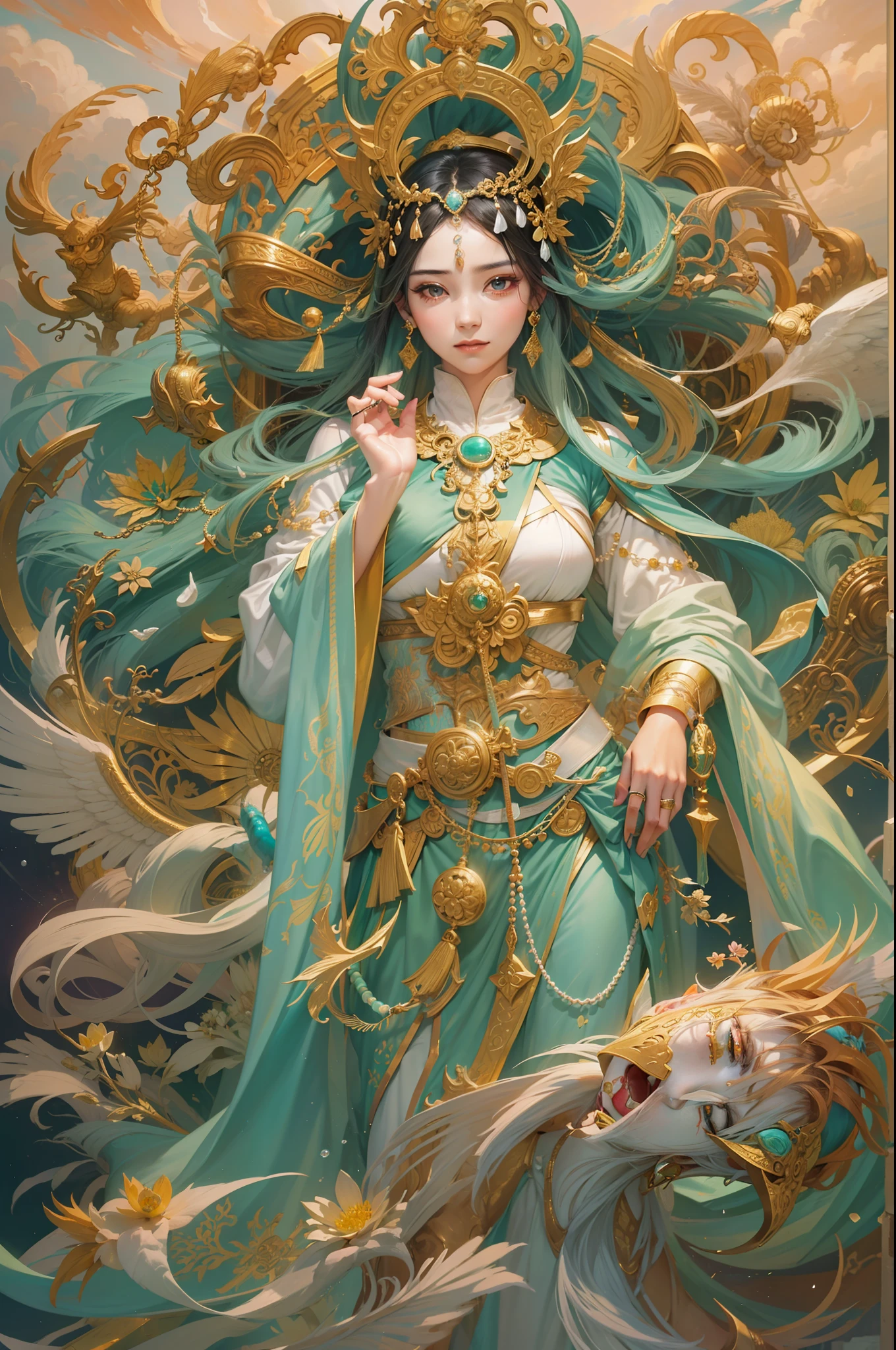 The sacred radiance shines around her,The holy light protects her Dharma body.In the glory of the highest Heaven. Appears a female Immortal.The Bodhisattva Wore on her head, Marvellous pearl tassels With golden clasps,Set with turquoise,And gleaming golden.She wore on her body.A plain blue robe with flying phoenixes,Pale-coloured,Patterned with running water,On which curled golden dragons.Before her breast hung.A moon-bright,Wind-dancing,Pearl-encrusted,Jade-set circlet full of fragrance.Around her waist was A skirt of embroidery and brocade from the Jade Pool,Made from the silk of ice-silkworms,With golden seams,That rode on coloured clouds.Before her went A white and yellow red-beaked parrot, To fly across the Eastern Ocean, And all over the worldIn gratitude and duty. The vase she held gave grace and salvation,And in the vase was a sprig of Weeping willow to sweep away the fog,Scattering water on the heavens, Cleansing all evil.Rings of jade looped over brocade buttons, And her golden-lotus feet were concealed.She was able to visit the three heavens,For she was Guanyin, the rescuer from suffering, Natural skin texture,ultra-realistic realism,the soft light,Sharp,Masterpiece, Best quality, Ultra-detailed, Best shadow,8K