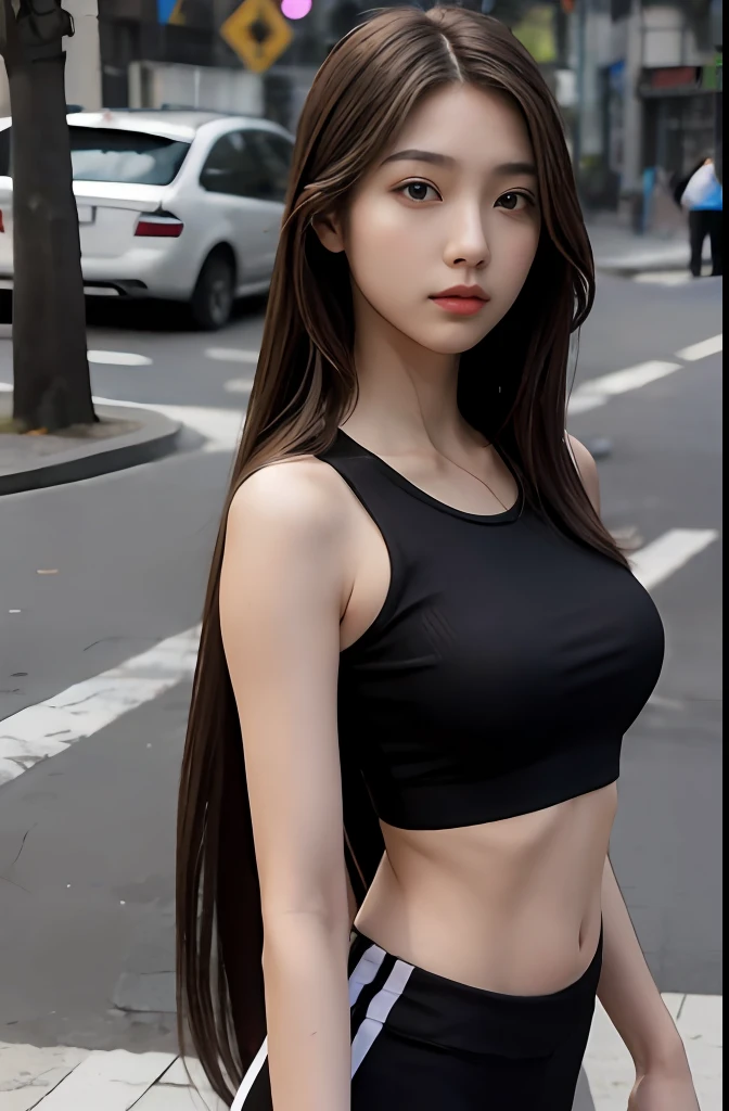 a woman, brown hair, brown eyes, fit body, Long Hair, hair parted in the middle, straight hair, gym clothes, on the street, detailed body, detailed eyes, master piece, best quality, high quality, RAW camera, realistic, real person, korean,