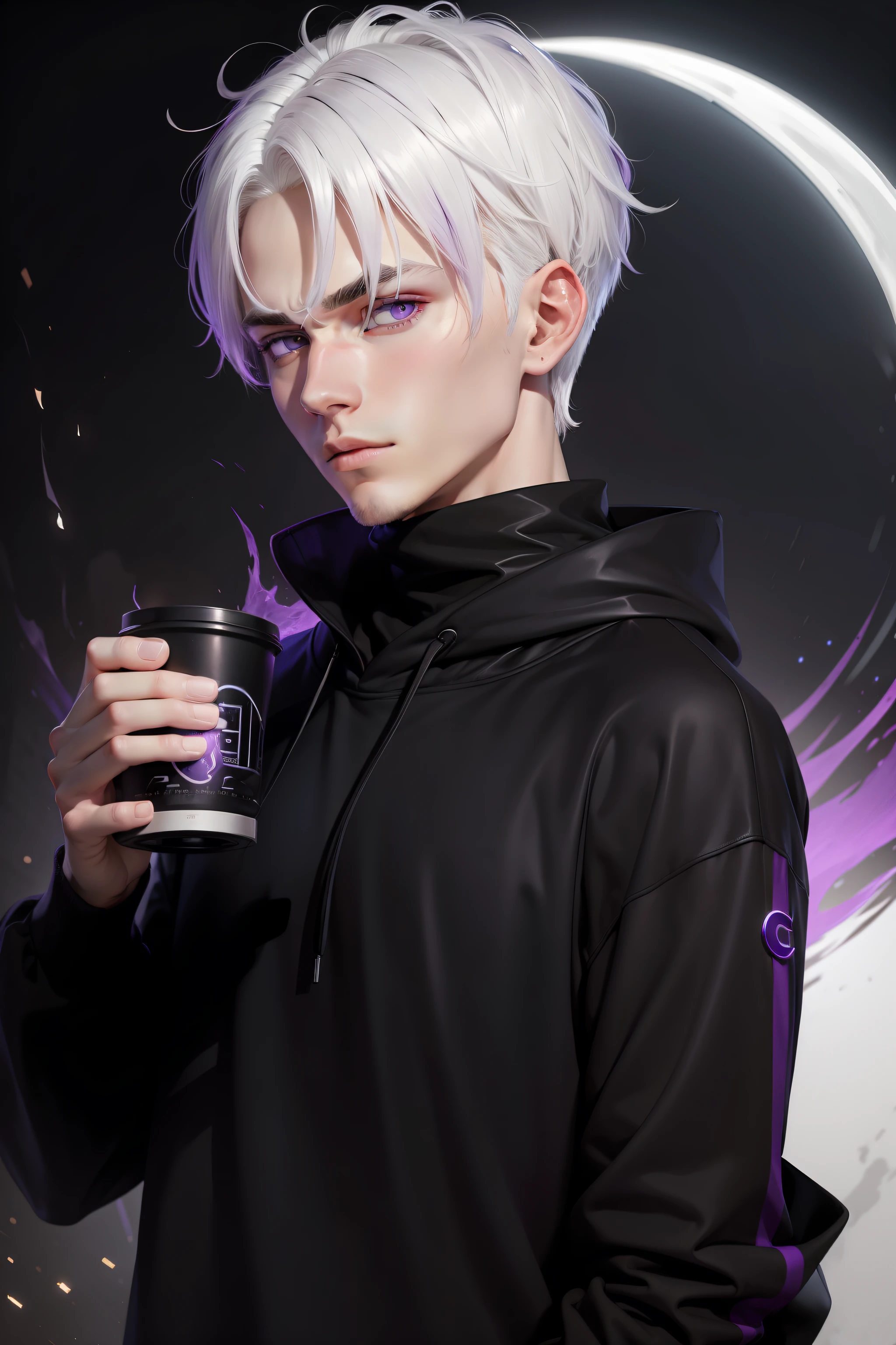Young man with white hair, and bright purple eyes, wearing a black sweatshirt, in a dark theme where his eyes have a slight glow, with a background moon illuminating the image