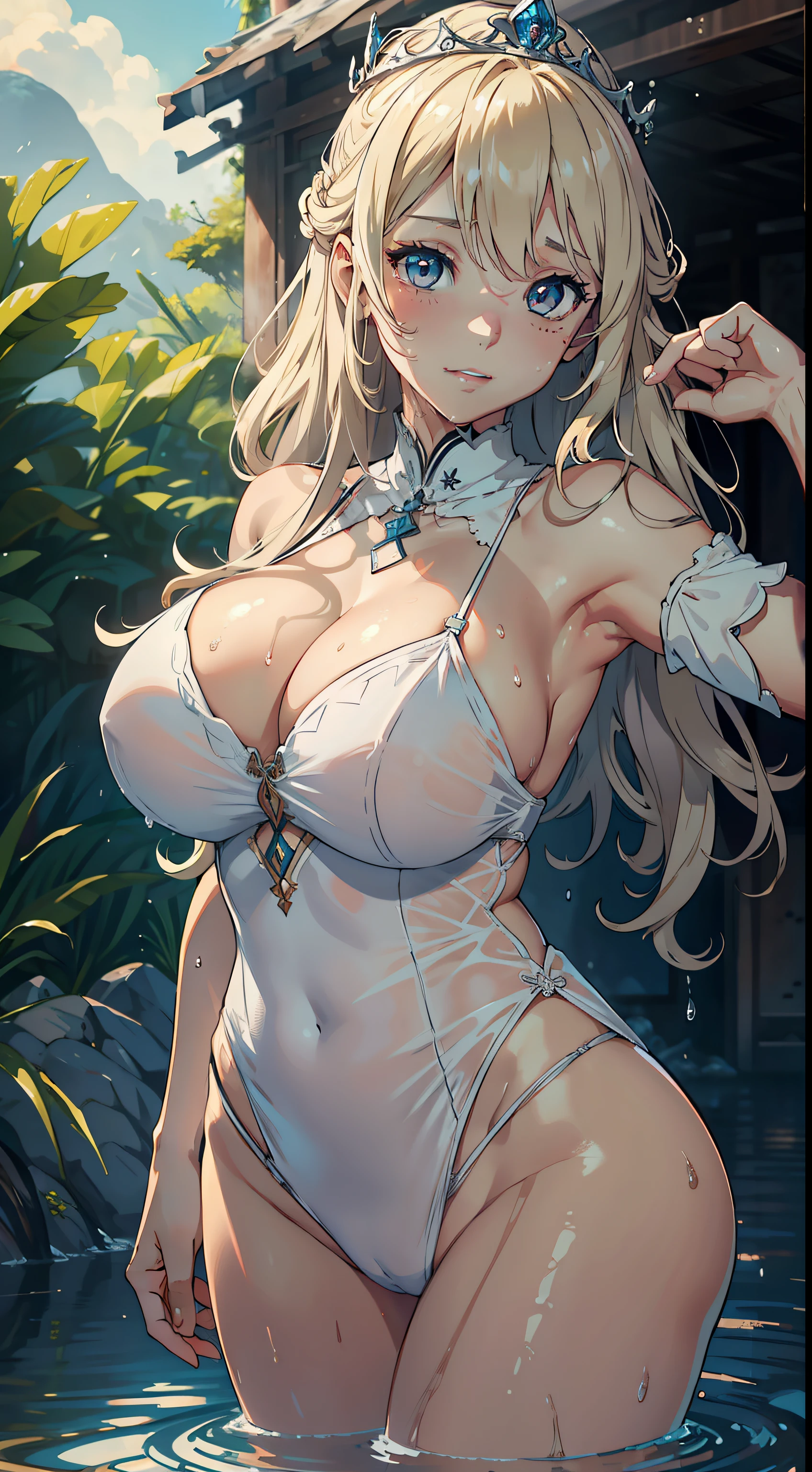 1girll,Huge breasts, She's wet,tiara crown ,gardens,Lewd expression, exteriors,White Japanese costume, Pornographic exposure,Skysky,rainforests, blond hairbl,, exposed bare shoulders, standing on your feet,downpours,fully body photo,Bigchest, wetclothes, From the front side,Flowing curls, Very long hair,mostly cloudy sky, Wet hair (((tmasterpiece),(Very detailed CG unity 8K wallpaper),best qualtiy,,1个Giant Breast Girl,cinmatic lighting,detailed back ground,beatiful detailed eyes,Bright pupils,(Very fine and beautiful),(Beautiful and detailed eye description),ultra - detailed,tmasterpiece,)),,mature,熟妇,facing at camera,Leakage out of the breast,Expose the genitals,nakeness,leering,Protruding ,Camel toes,cleavage,legs are open,Emotive expressions,Smile,Wipe off panties,