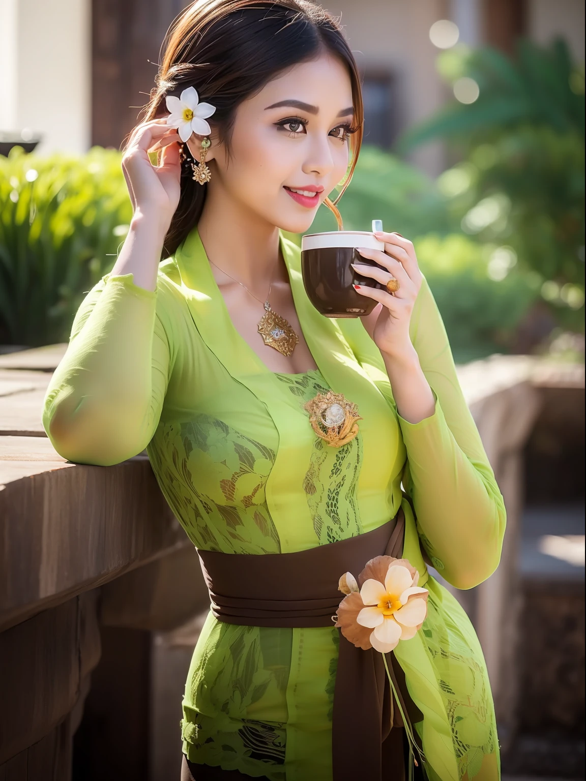 8k portrait of beautiful cyborg with brown hair, ((drinking coffee)), ((tattoos)), photography, portrait of gadis_jelita wearing kebaya_bali in green_kebaya_bali, red lipstick, detail, flowers, blurry background, soft focus, (masterpiece, sidelighting, finely detailed beautiful eyes: 1.2), hdr