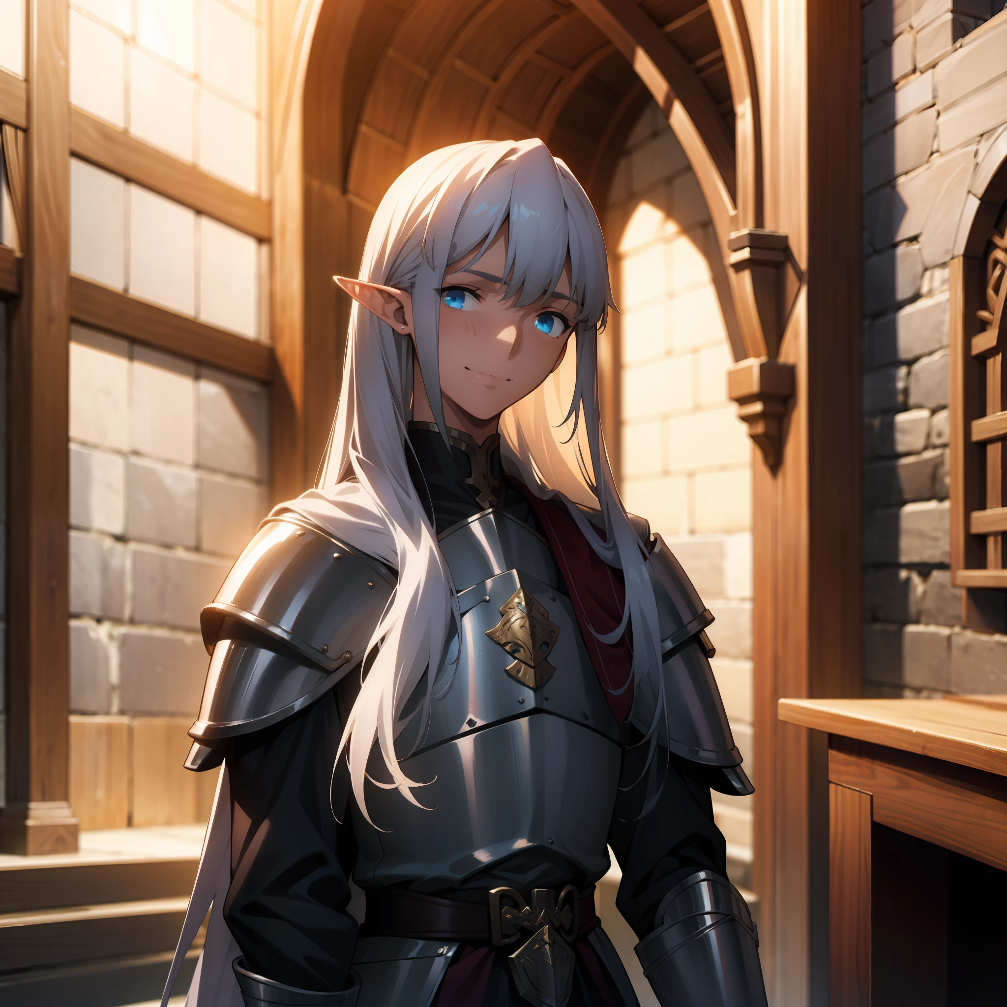 (Masterpiece, best-quality, Photorealisfic picture, 4k,HDR, very detailed, impressive details) 1 boy, elf, long white hair tied, fringe, blue eyes, wearing iron armor, sword at the waist, medieval castle background, young, refined face, confident look, 18 years, young body, tall height, perfect body, elf ears, kind personality, small chin, smiling, looking at viewer