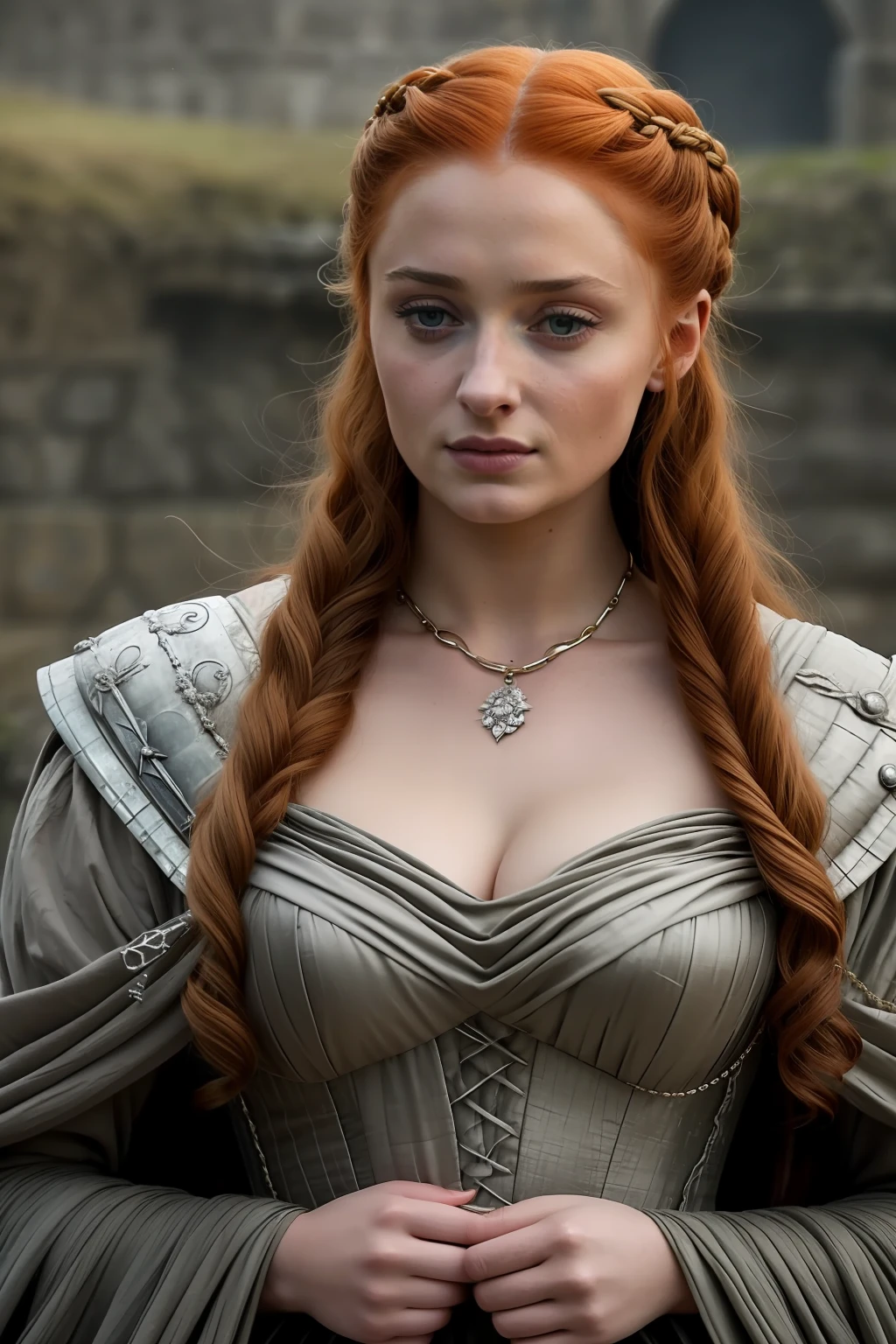 Masterpiece, Best quality, Mediaeval sexy costumes, game of the thrones like costume, a close up of a woman of  mediaeval times, sansa stark, sansa, looks like sophie turner, sophie turner, scene from game of thrones, deep cleavage, warrior princess, healthy body, perfect thick body, attractive figure, fleshy body, style of game of thrones,gorgeous lady,gorgeous woman, stunning woman, still from game of thrones, game of thrones style, 8k, insane details, dress made of clothes and jewelry, round shaped face,