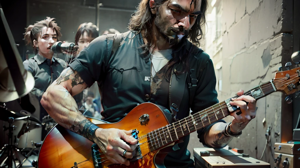 ultra-realista, textura de pele, luz de cinema, fotografia premiada, obra de arte, rosto perfeito, sem defeito, detalhado, NO MUTATION, perfection of image crucifixion of Jesus with six people from a music band, watching the Crucifixion with his instruments a bass player, violonista, baterista, acoustic guitarist , tecladista e vocalista estilo foto realista