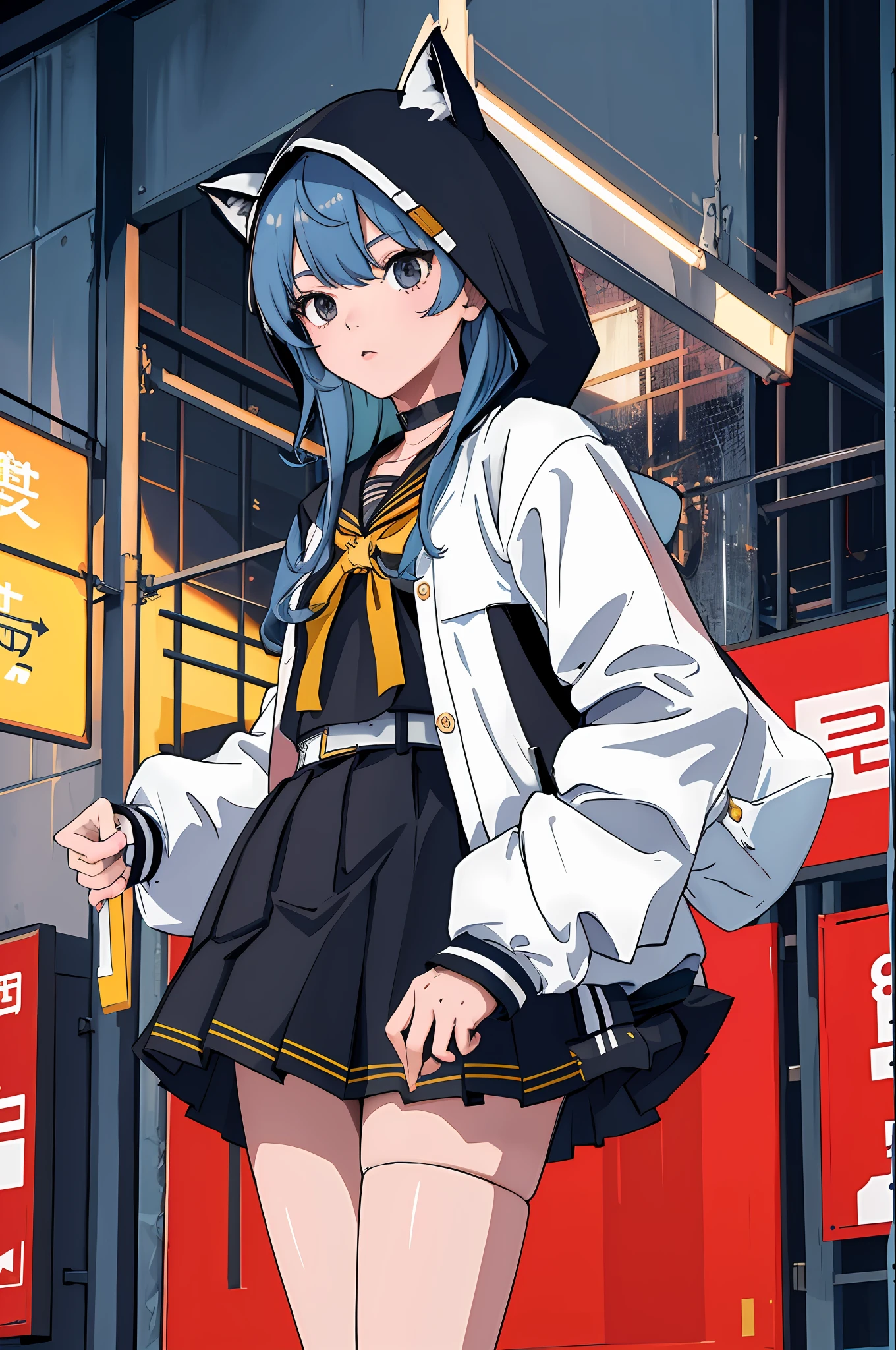 masterpiece, best quality, highres, sui3, hood up, hoshimachi suisei, solo, white jacket, animal hood, white socks, open jacket, pleated skirt, black skirt, black sailor collar, black choker, school uniform, black shirt, puffy long sleeves, standing, cowboy shot,