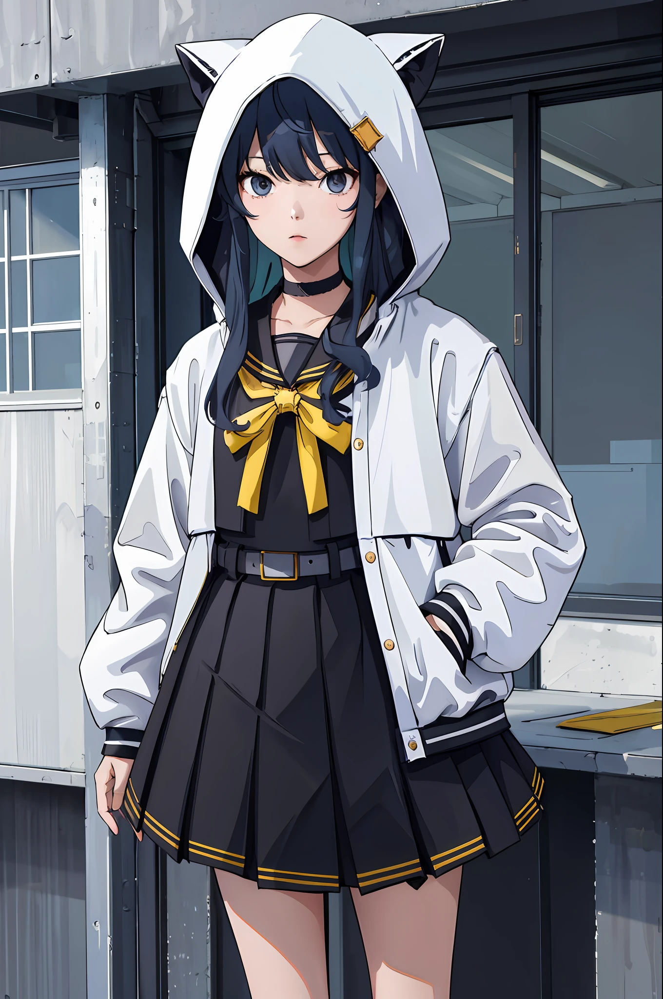 masterpiece, best quality, highres, sui3, hood up, hoshimachi suisei, solo, white jacket, animal hood, white socks, open jacket, pleated skirt, black skirt, black sailor collar, black choker, school uniform, black shirt, puffy long sleeves, standing, cowboy shot,