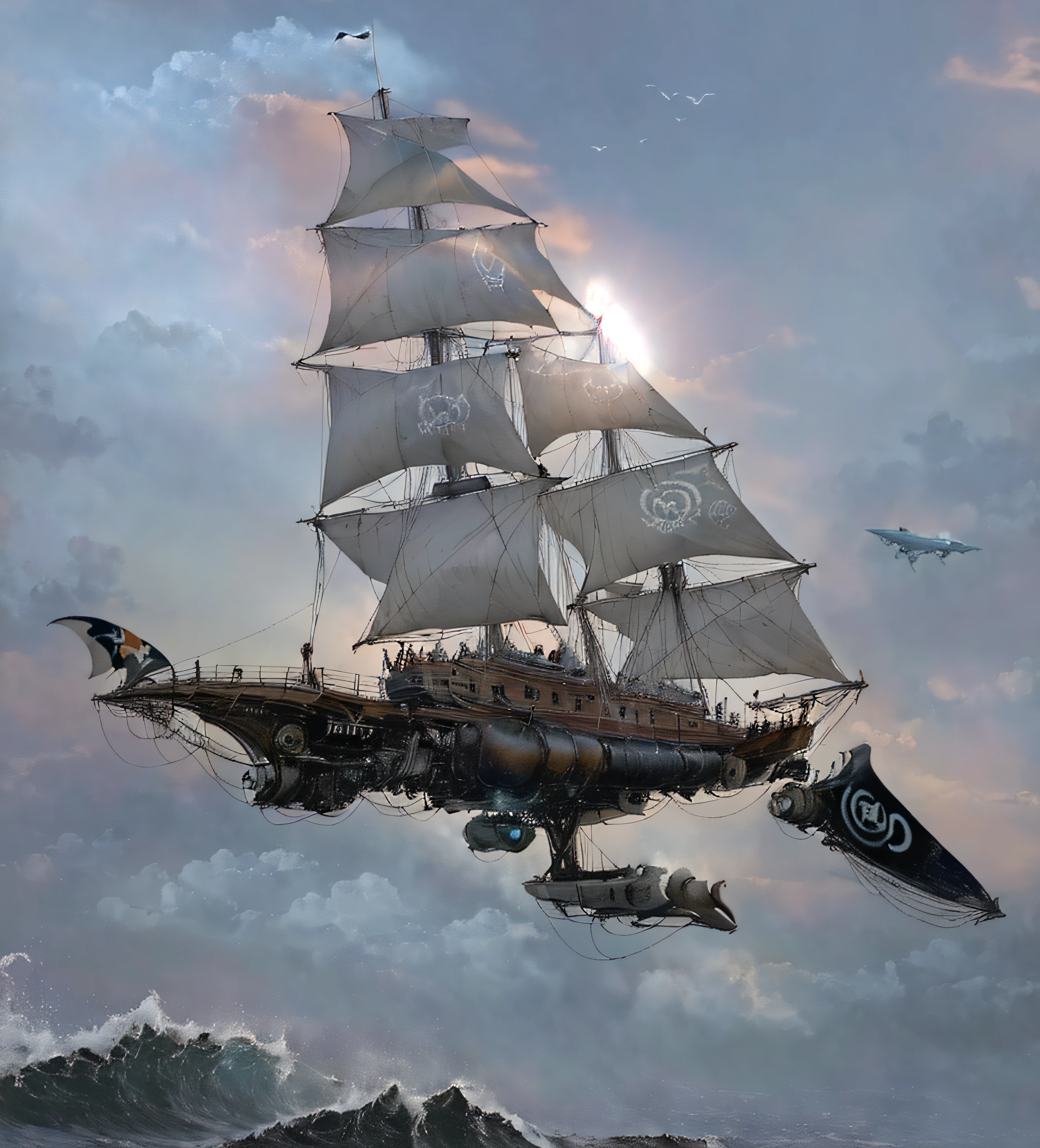 Super barco de vela pirata negro futurista volando entre las nubes rodeado de gaviotas y super tiburones nadando en un mar embravecido con enormes olas amenazantes chocando contra acantilados de islas volcanicas