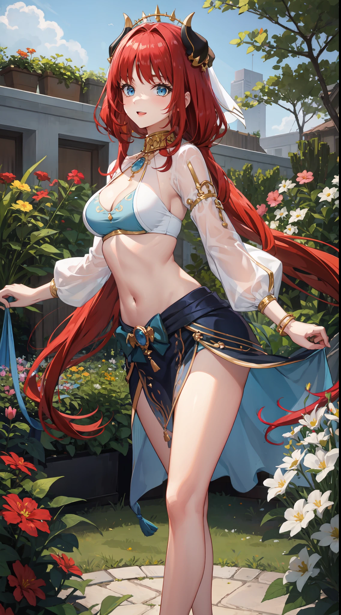 slim legs, blue eyes, nilou, red hair, long hair, mesmerising , medium breast, happy, navel, garden, cleavage, hanging breast, from behind