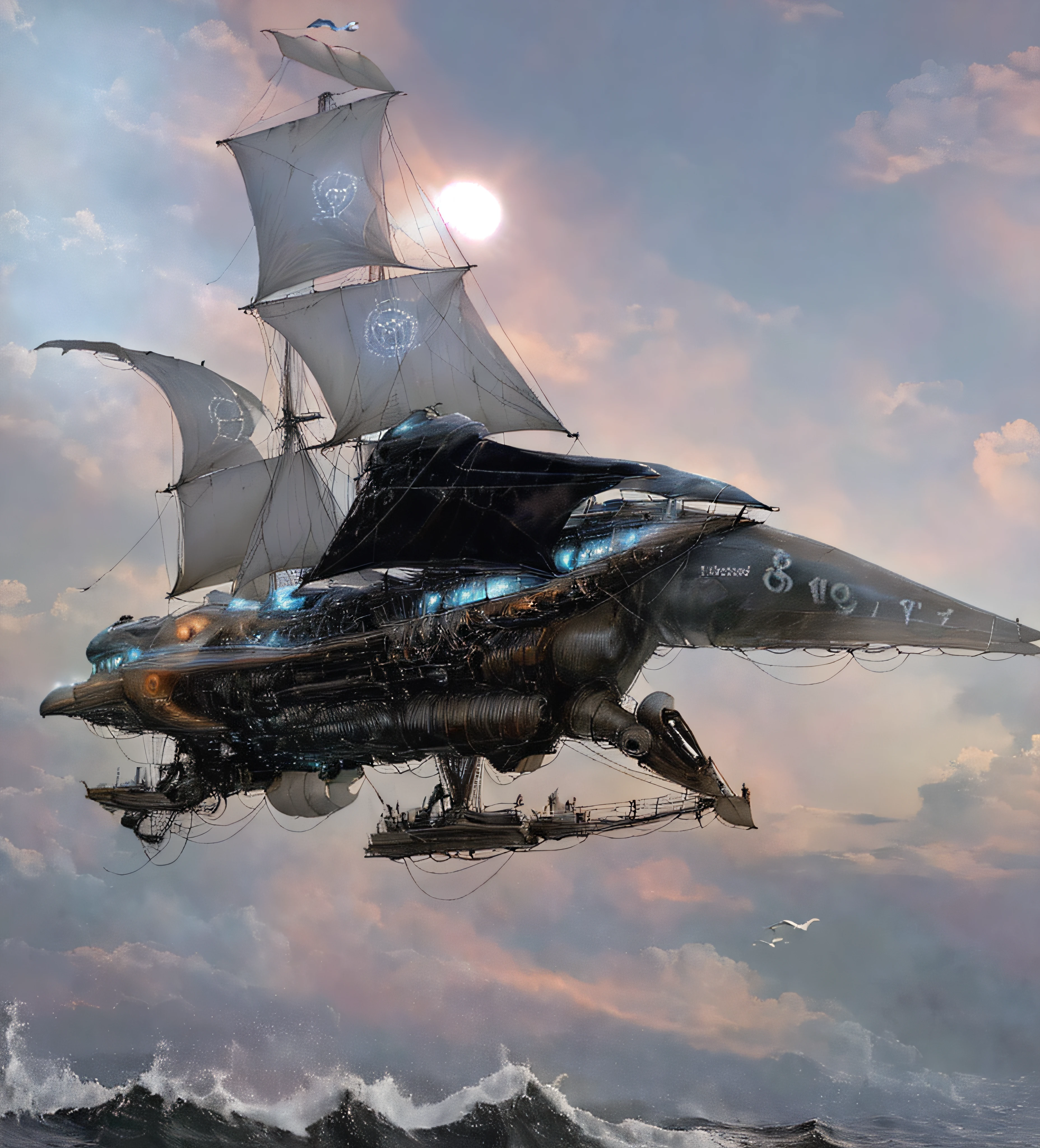 Super barco de vela pirata negro futurista volando entre las nubes rodeado de gaviotas y super tiburones nadando en un mar embravecido con enormes olas amenazantes chocando contra acantilados de islas volcanicas