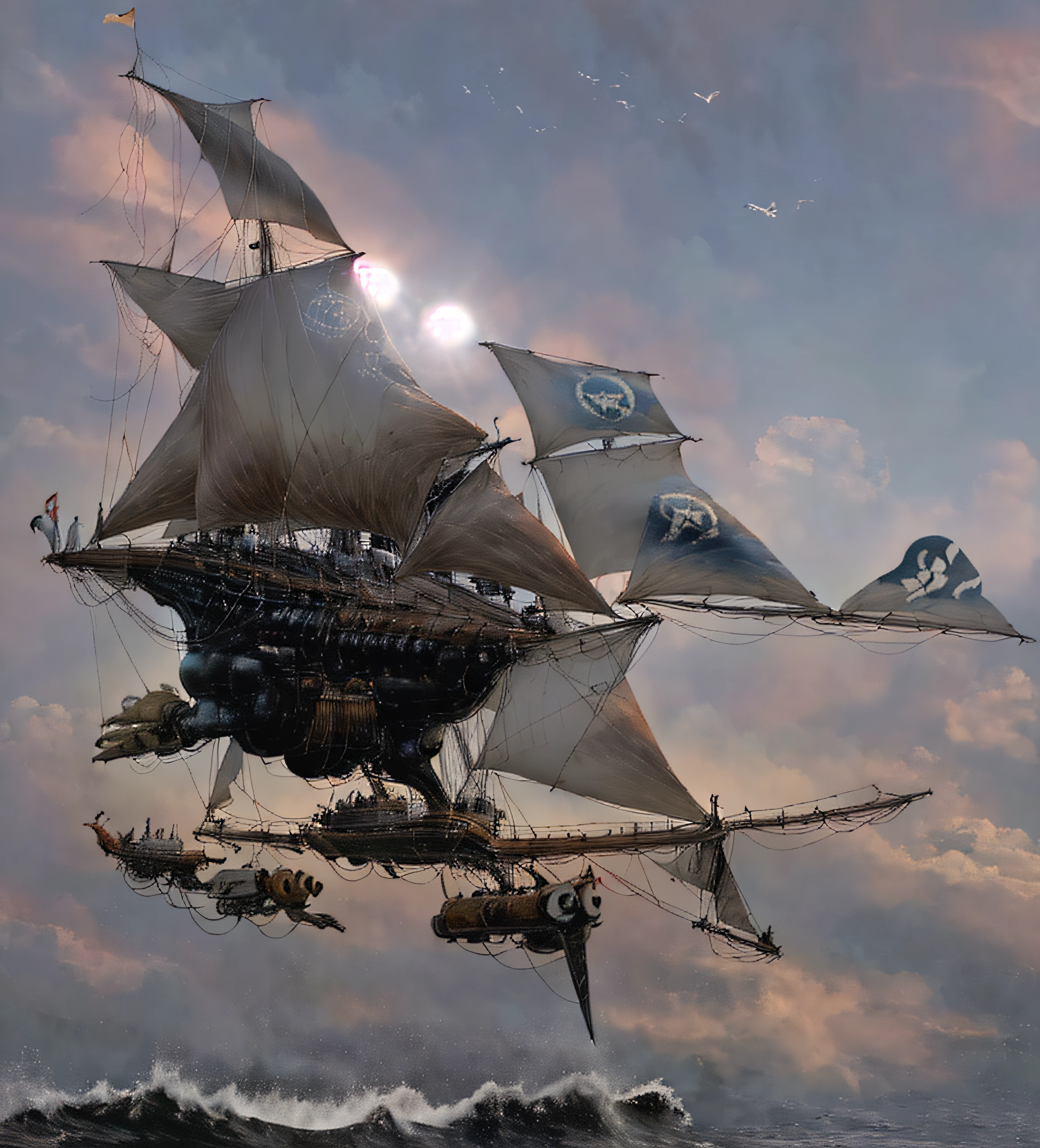 Super barco de vela pirata negro futurista volando entre las nubes rodeado de gaviotas y super tiburones nadando en un mar embravecido con enormes olas amenazantes chocando contra acantilados de islas volcanicas