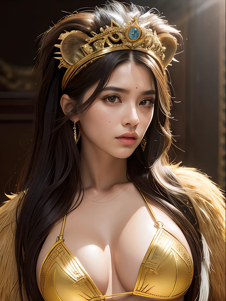 La mejor calidad, obra maestra, ultra-high-resolution, (fotorrealista: 1.4), foto cruda, dramatic illumination, cuerpo completo, Micro Bikini, pechos enormes, pechos grandes, On his head he has the face and head of a lion, is an anthropomorphic figure.