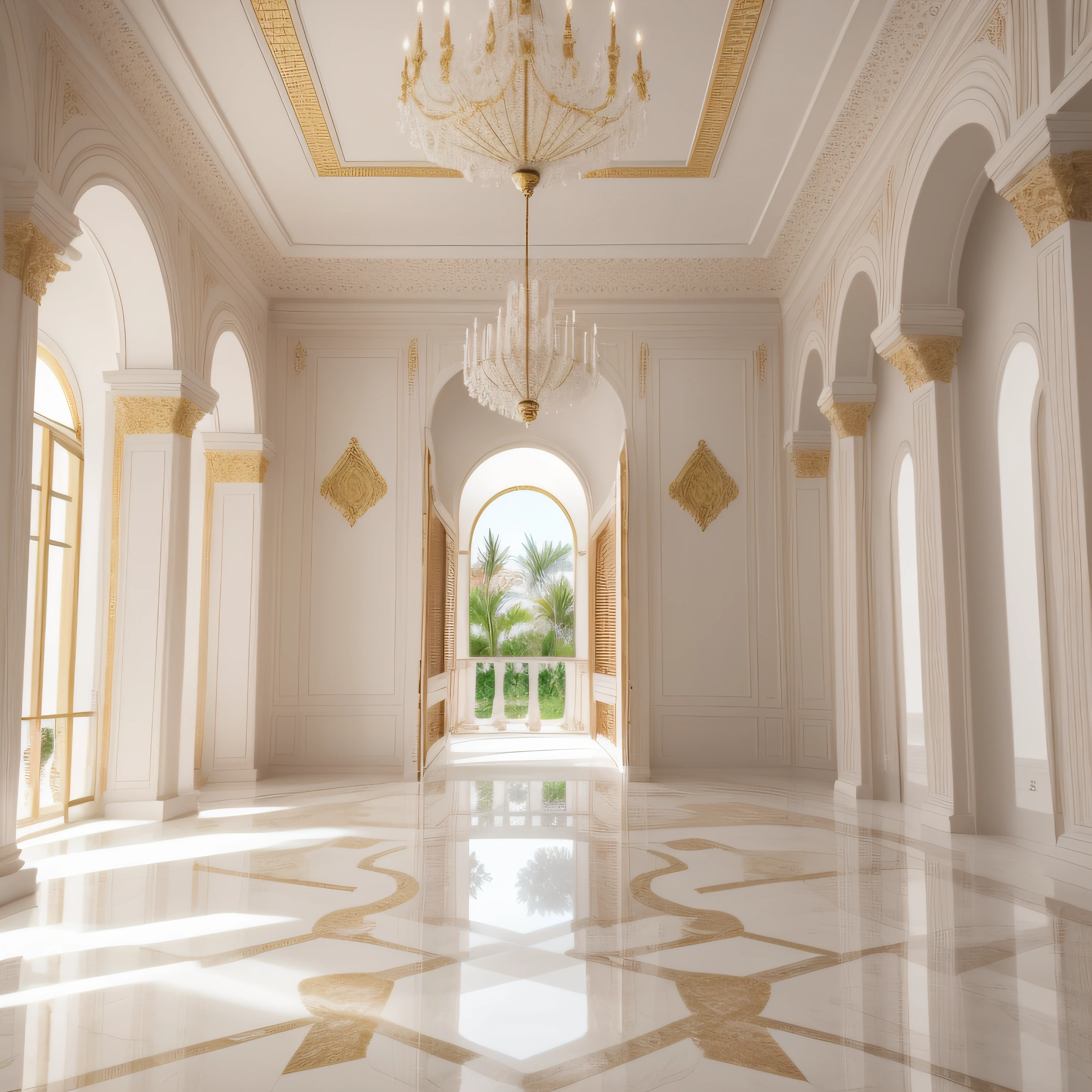 interior de palacio frances de marmol blanco con ornamentos , vista de camara frontal, lente sin deformar