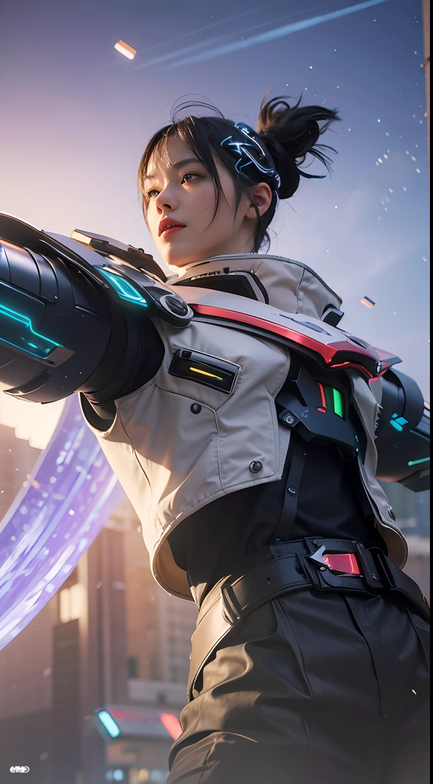 (8k, best quality, masterpiece:1.2), (realistic, photo-realistic:1.37), ultra-detailed,
A detailed portrait of 1 mechanical boy, realistic mouth, detail face, pale skin, wearing a robot costume, black cable hair, his hands light up. The scene is illuminated with professional lighting, photon mapping, and radiosity, with Tetsuya Nomura Style and a cyber-futuristic feel. Urban background with blur or bokeh effect, neon details, realistic light, glowing hands.