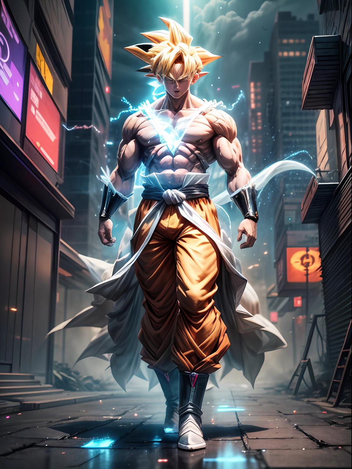 (half-body photo),Super Saiyan Super,(Ghost Goku:1.2),(Transparent ghost body:1.2),(cyber punk perssonage),(dreamy glow),(globalillumination),Ray traching, (High-density imaging),The rendering is not realistic,Rational design,high detal,tmasterpiece,best qualtiy,Ultra HD electric lights