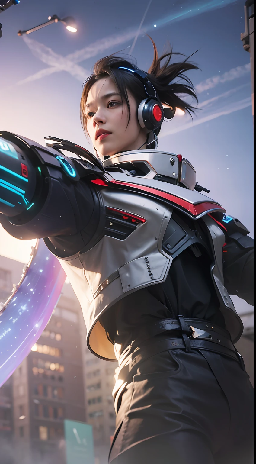 (8k, best quality, masterpiece:1.2), (realistic, photo-realistic:1.37), ultra-detailed,
A detailed portrait of 1 mechanical boy, realistic mouth, detail face, pale skin, wearing a robot costume, black cable hair, his hands light up. The scene is illuminated with professional lighting, photon mapping, and radiosity, with Tetsuya Nomura Style and a cyber-futuristic feel. Urban background with blur or bokeh effect, neon details, realistic light, glowing hands.