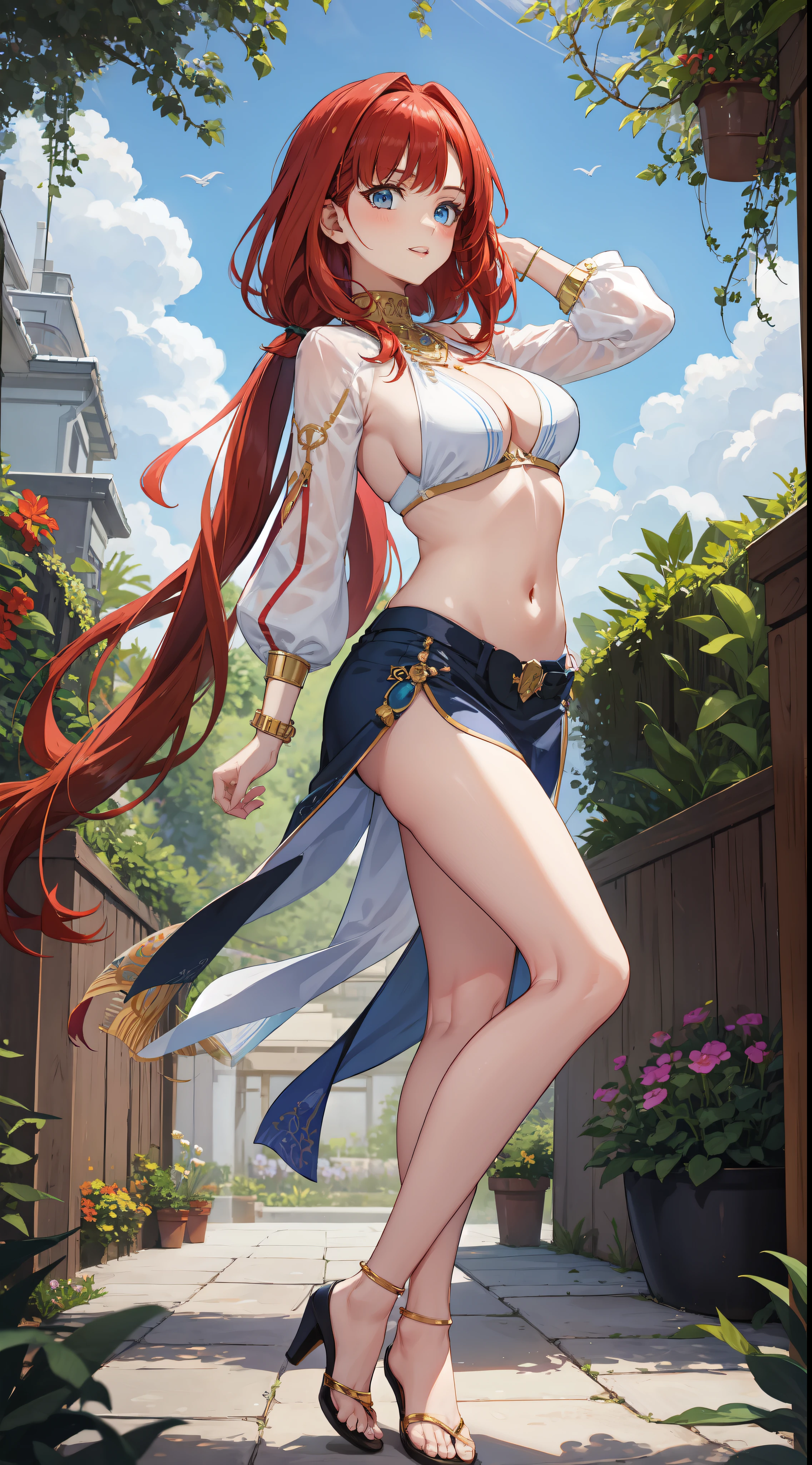 slim legs, blue eyes, nilou, red hair, long hair, mesmerising , medium breast, happy, navel, garden, cleavage, hanging breast, from behind