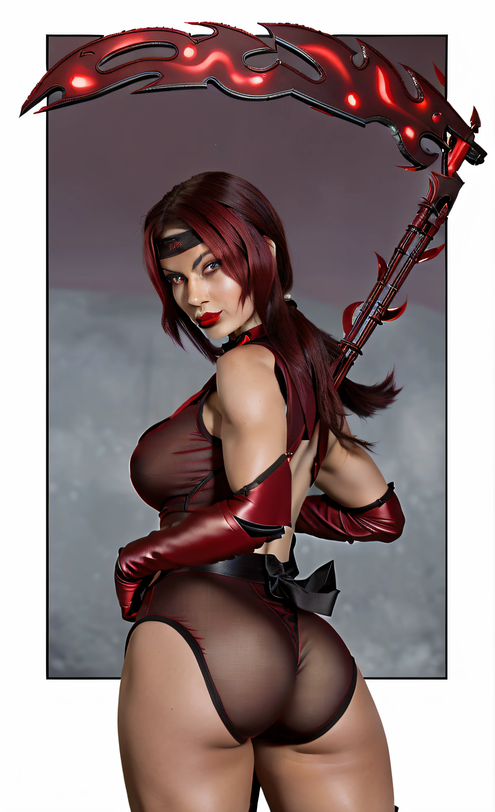((masterpiece, best quality)), (Skarlet from Mortal Kombat) in red and black ninja leotard, red and black long-gloves, red and black headband, holding a conjured blood scythe in her right hand, black sash around waist, butt focused shot, large backside, wearing red lipstick, photo realistic, intricate details