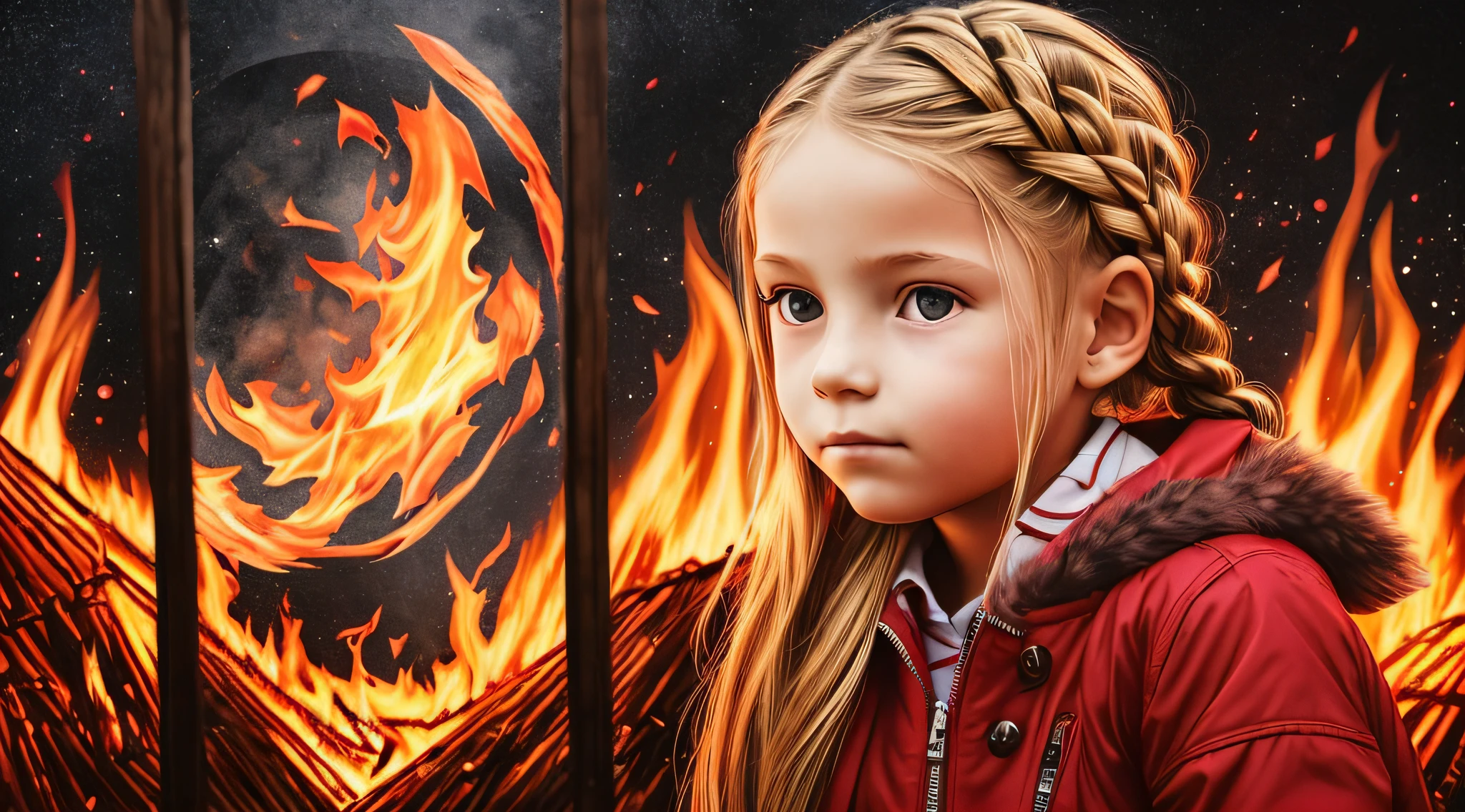 Girl child , Russian blonde in braids, com roupa de jaqueta de couro vermelha, estilo retrato, flames are glowing in the dark with a reflection of the fire, chamas de fogo, chamas no fundo, fogo e chamas.