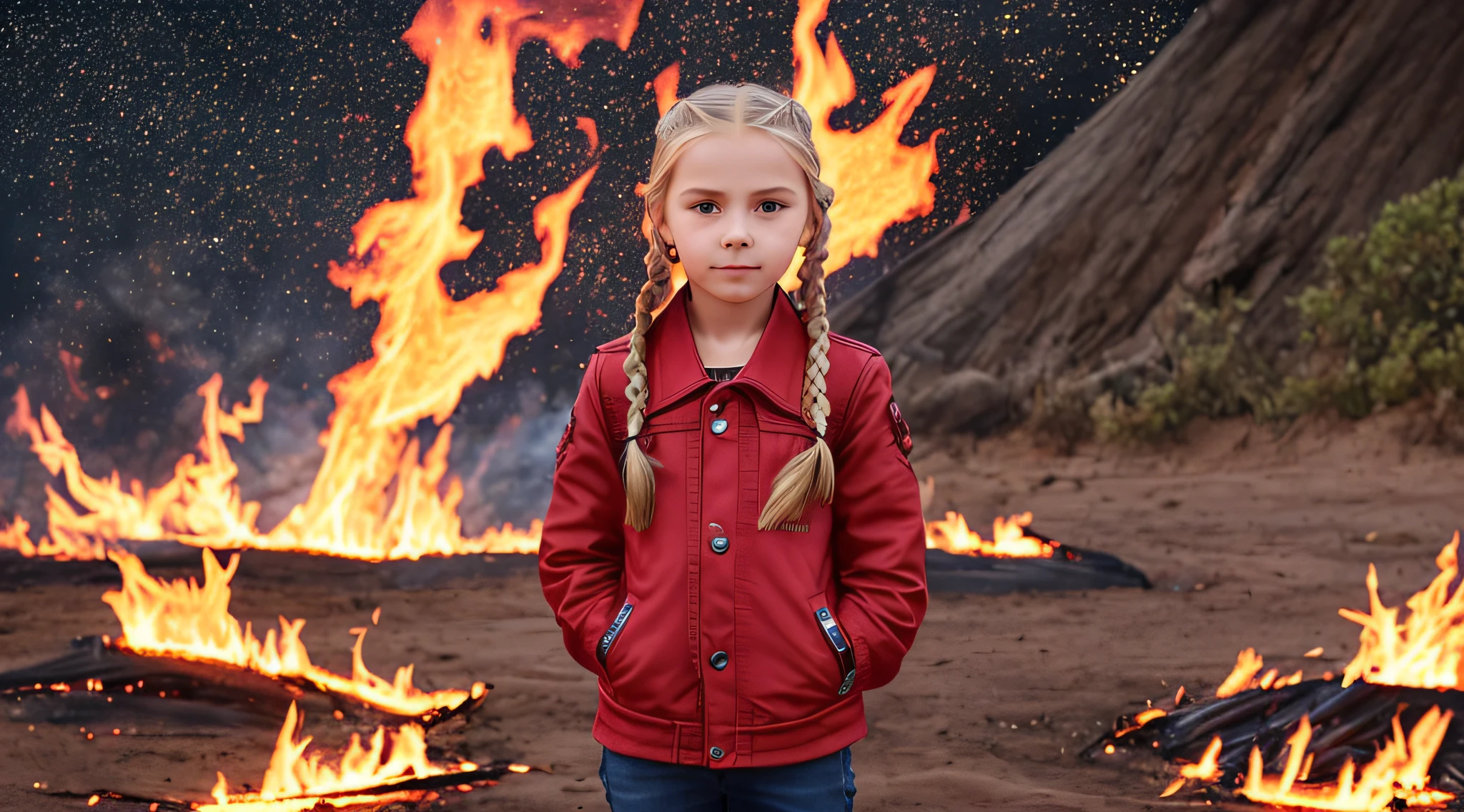 Girl child 10 years old, Russian blonde in braids, com roupa de jaqueta de couro vermelha, estilo retrato, flames are glowing in the dark with a reflection of the fire, chamas de fogo, chamas no fundo, fogo e chamas.