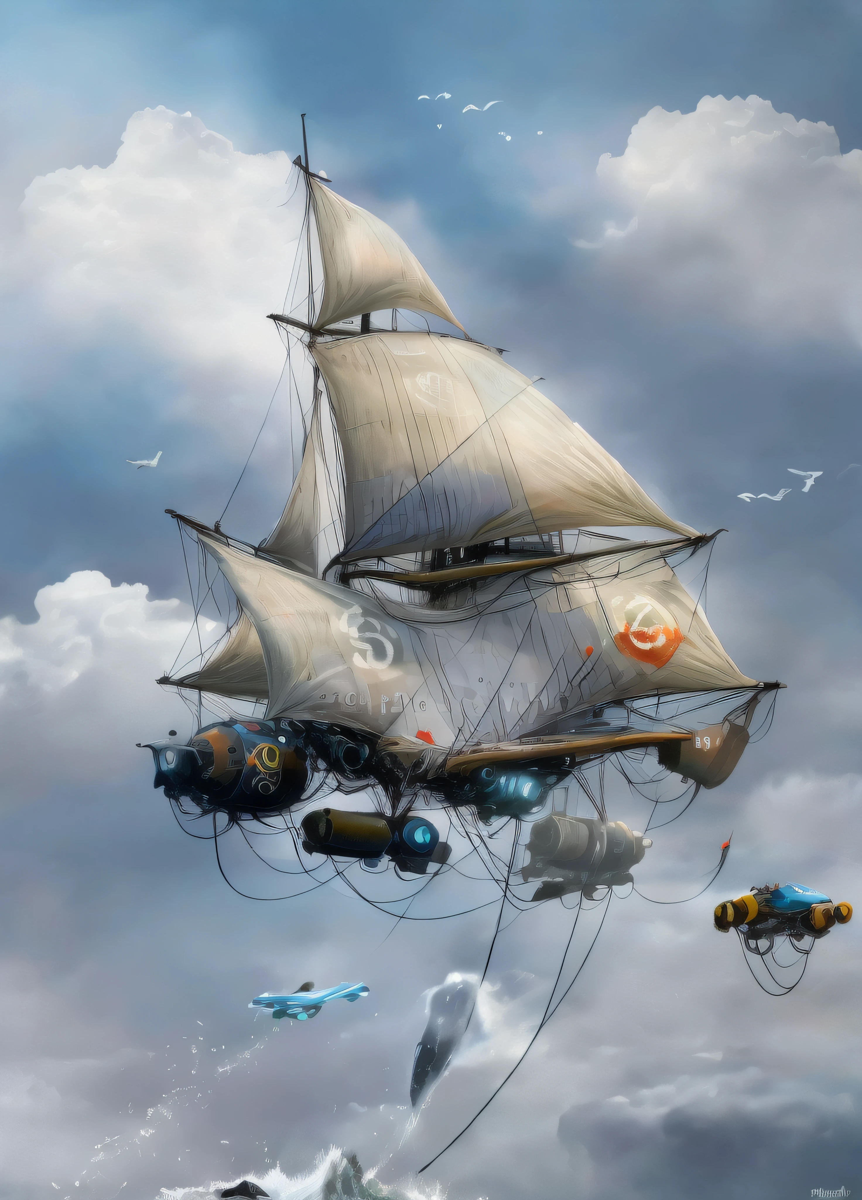 Super barco de vela futurista volando entre las nubes rodeado de gaviotas y super tiburones nadando en un mar embravecido con enormes olas amenazantes chocando contra acantilados de islas volcanicas