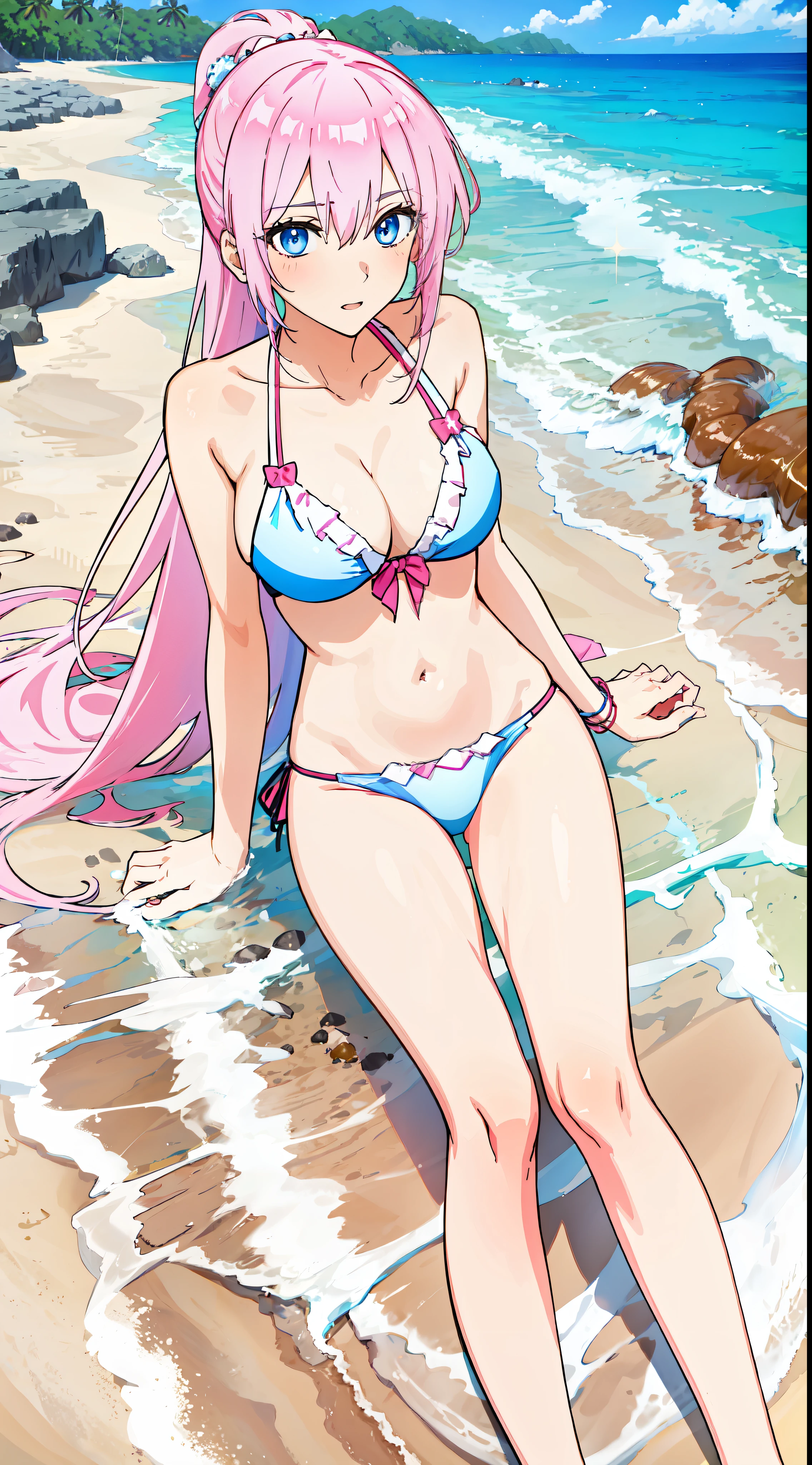 shikimori, slim legs, beautiful eyes, blue eyes, nervous, pink hair, long hair, white side tie bikini, beach