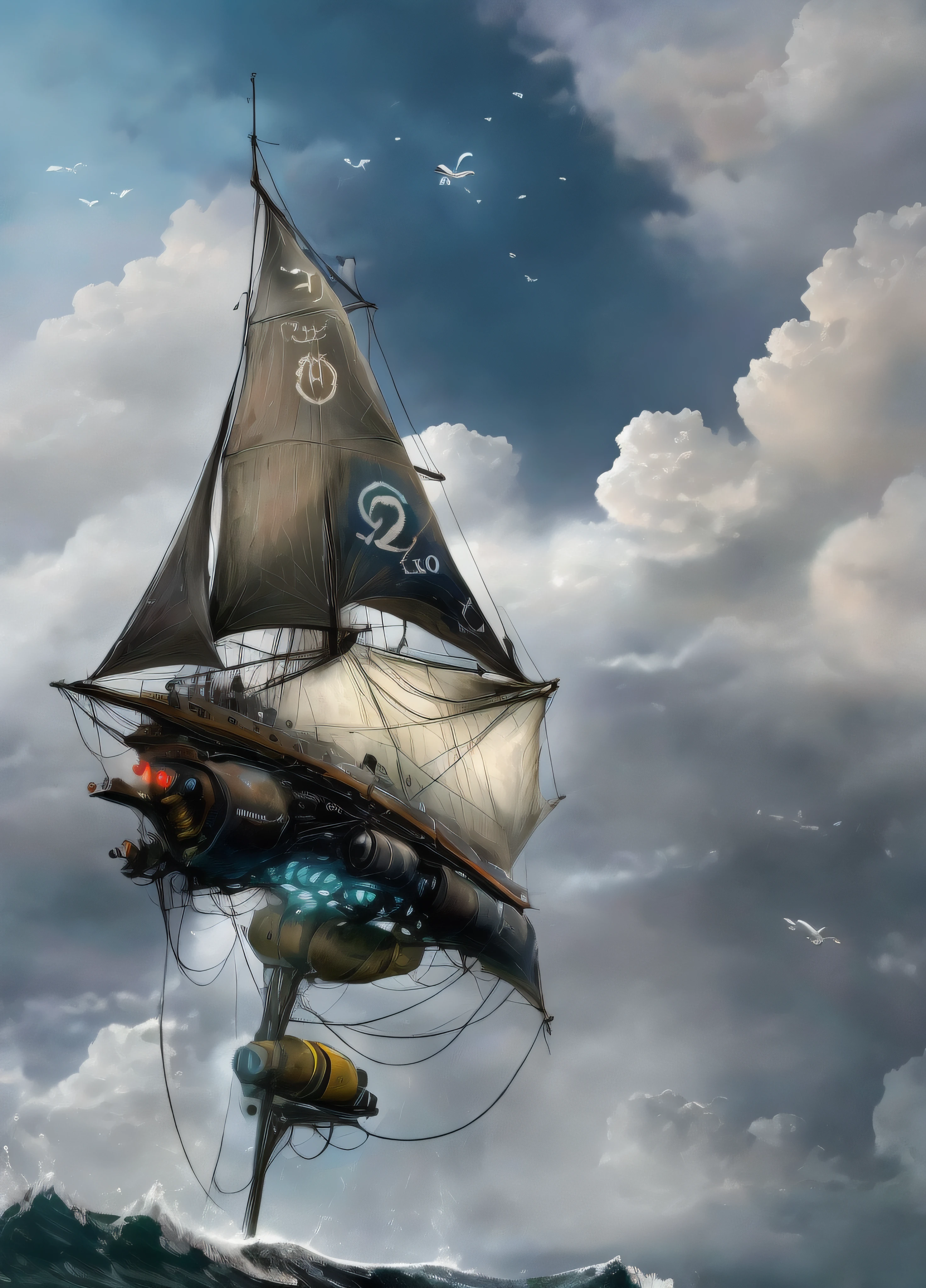 Super barco de vela futurista volando entre las nubes rodeado de gaviotas y super tiburones nadando en un mar embravecido con enormes olas amenazantes chocando contra acantilados de islas volcanicas